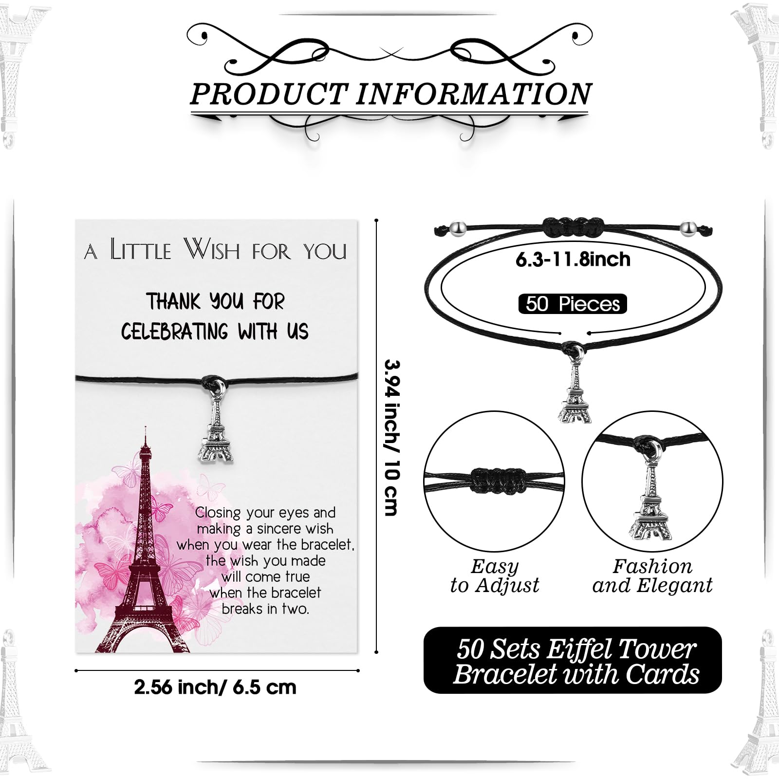 Equsion 50 Sets Paris Partygeschenke, Großpackung Eiffelturm, Schlüsselanhänger, Armbänder, Dankeskarten mit Tasche, 16 Partygeschenke