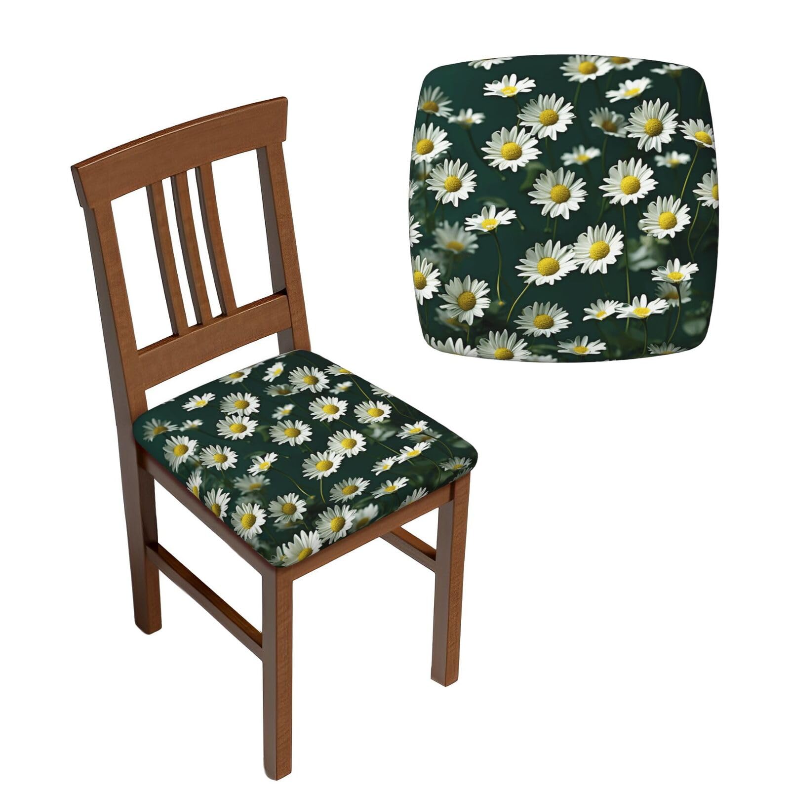 NONHAI 6PCS Dining Chair Seat Covers Set Green Daisy Background Stretch Removable Chairs Covers Washable Seat Cushion Slipcovers Protector for Dining Room Kitchen Chairs