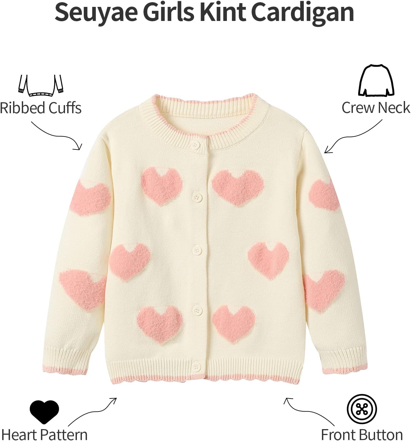 Baby Girls Heart Cardigan Crewneck Long Sleeve Cotton Knit Sweater Cargidans 6M-5Y - Image 3