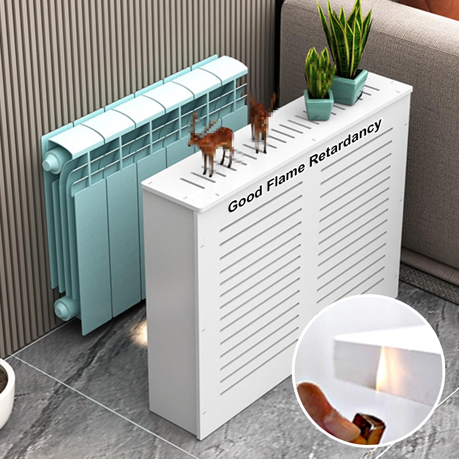 Moderna copertura per termosifone, colore bianco, design ignifugo per nascondere tubi ingombranti in soggiorno e camera da letto (80 x 70 x 20 cm)