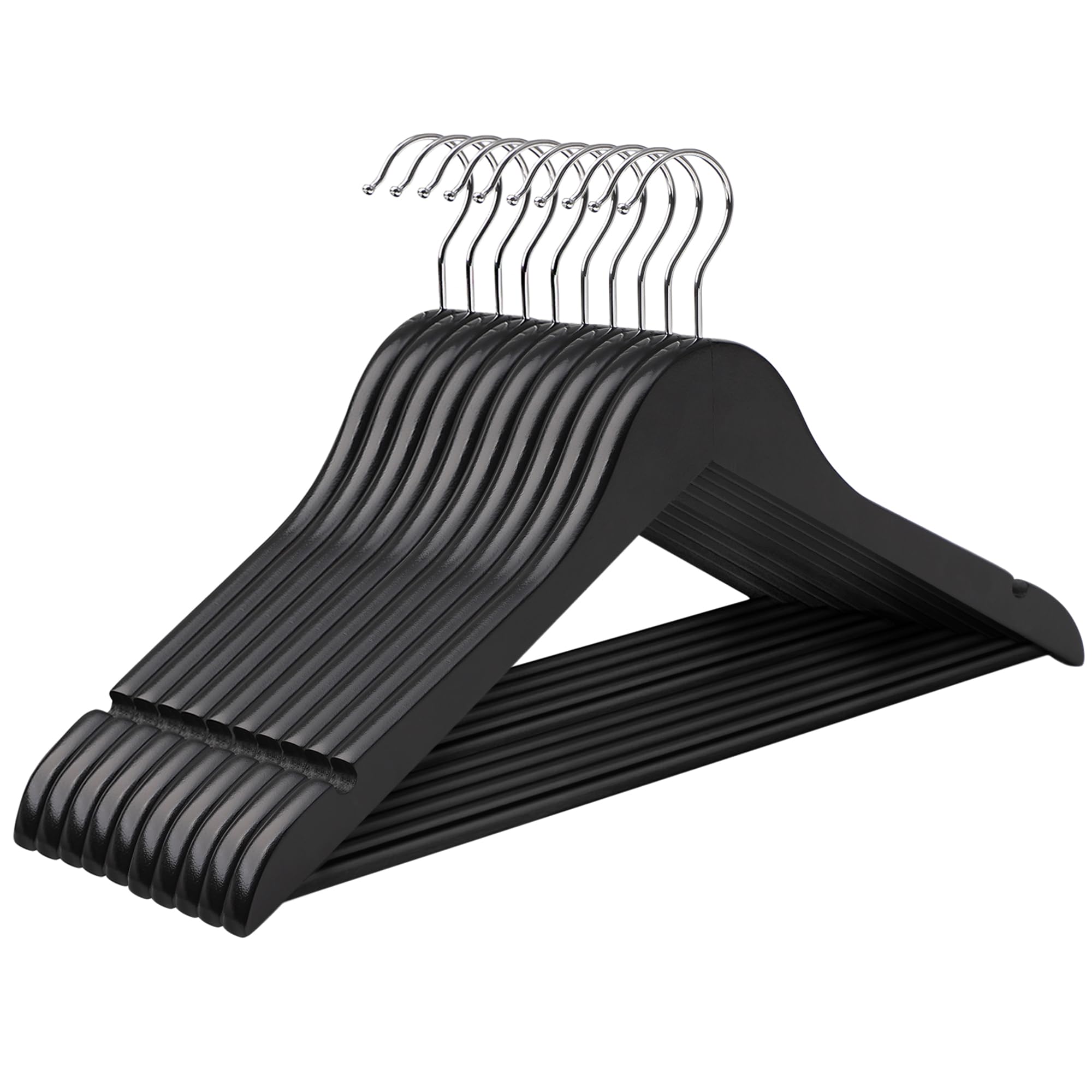 Songmics Black + Silver Wooden Hangers, Set Of 10, Solid Wood Hangers, Notches In The Shoulder Area, Non-Slip Trouser Bar, 360° Rotating Hook, For Suits, Shirts, Black Silver, Crw02b10