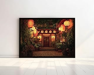 Japanese Inn Entrance Wall Art Print with Lanterns and Plants – Zen Asian Decor for Living Room, Hallway, Bedroom, Framed Artwork