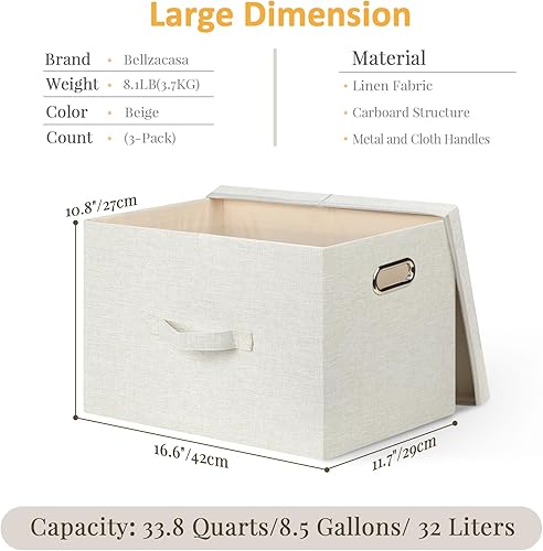 Miniatura 2 de Bellzacasa Contenedores de almacenamiento plegables grandes con tapas, paquete de 3 contenedores plegables de tela de lino con 4 asas, cestas de