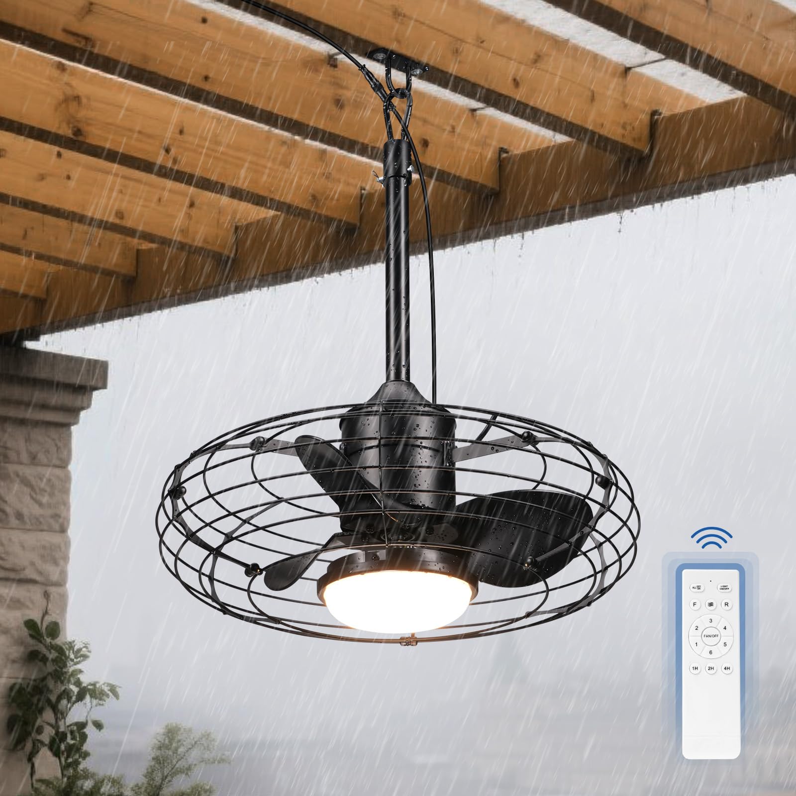 Glitnous 20'' Outdoor Ceiling Fans with Lights, IP65 Waterproof Outdoor Ceiling Fans for Patios, Plug in Portable Hanging Caged Fan with Remote