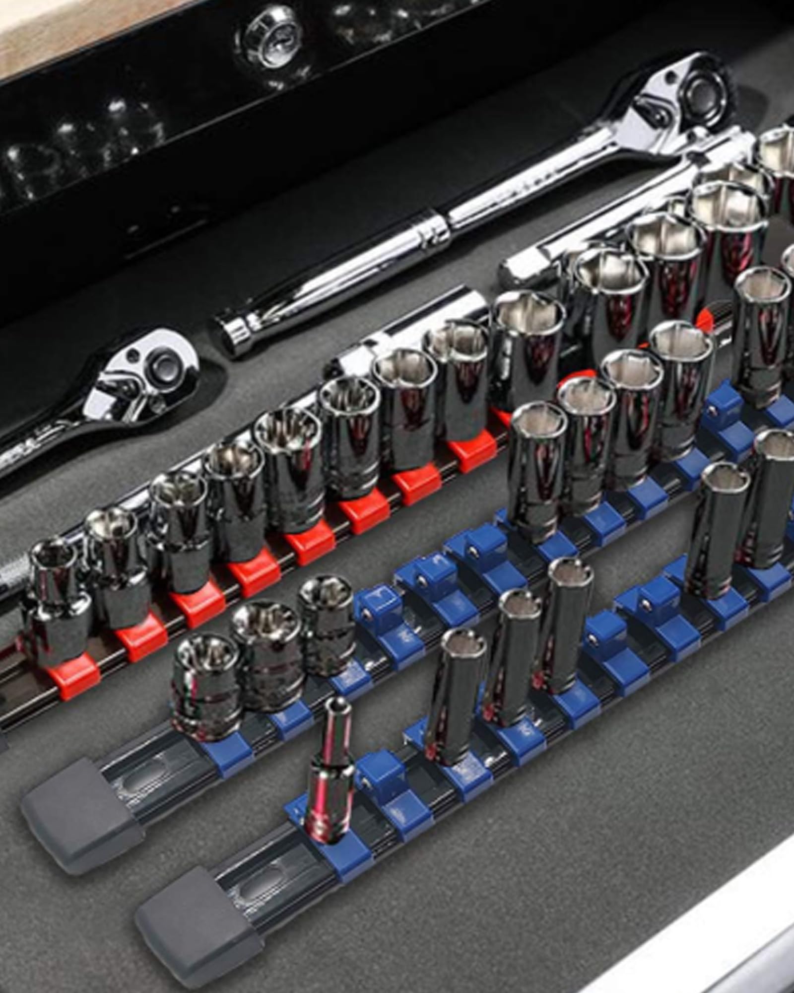 Soportes para Llaves de Vaso: 9 Piezas Organizador Llaves de Vaso con 129 Clips para Vasos de 6.3 mm (1/4"), 10 mm (3/8"), 12.5 mm (1/2") en Pulgadas Métricas