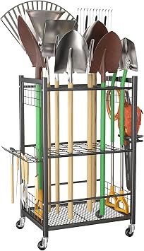 WALMANN Garden Tool Organizer on Wheels, Rakes/Shovels/Yard Tools Stand, M