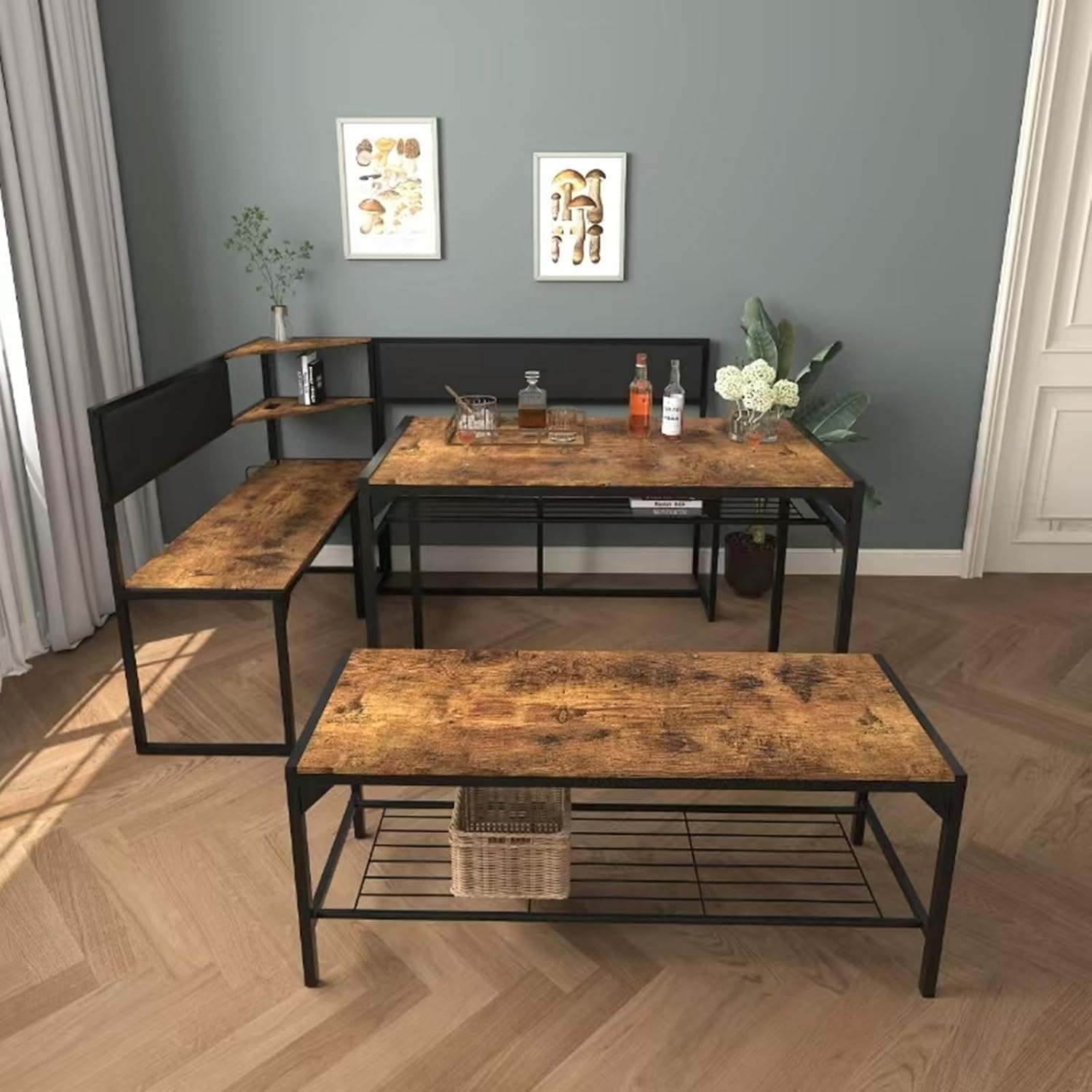 KEIKI 3-Piece Corner Dining Table Set for 4-6, Industrial Kitchen Table and Chair Sets with Storage & Bench, Farmhouse Rectangle Tables & L-shaped Seat for Living Room Breakfast Nook Restaurant, Brown