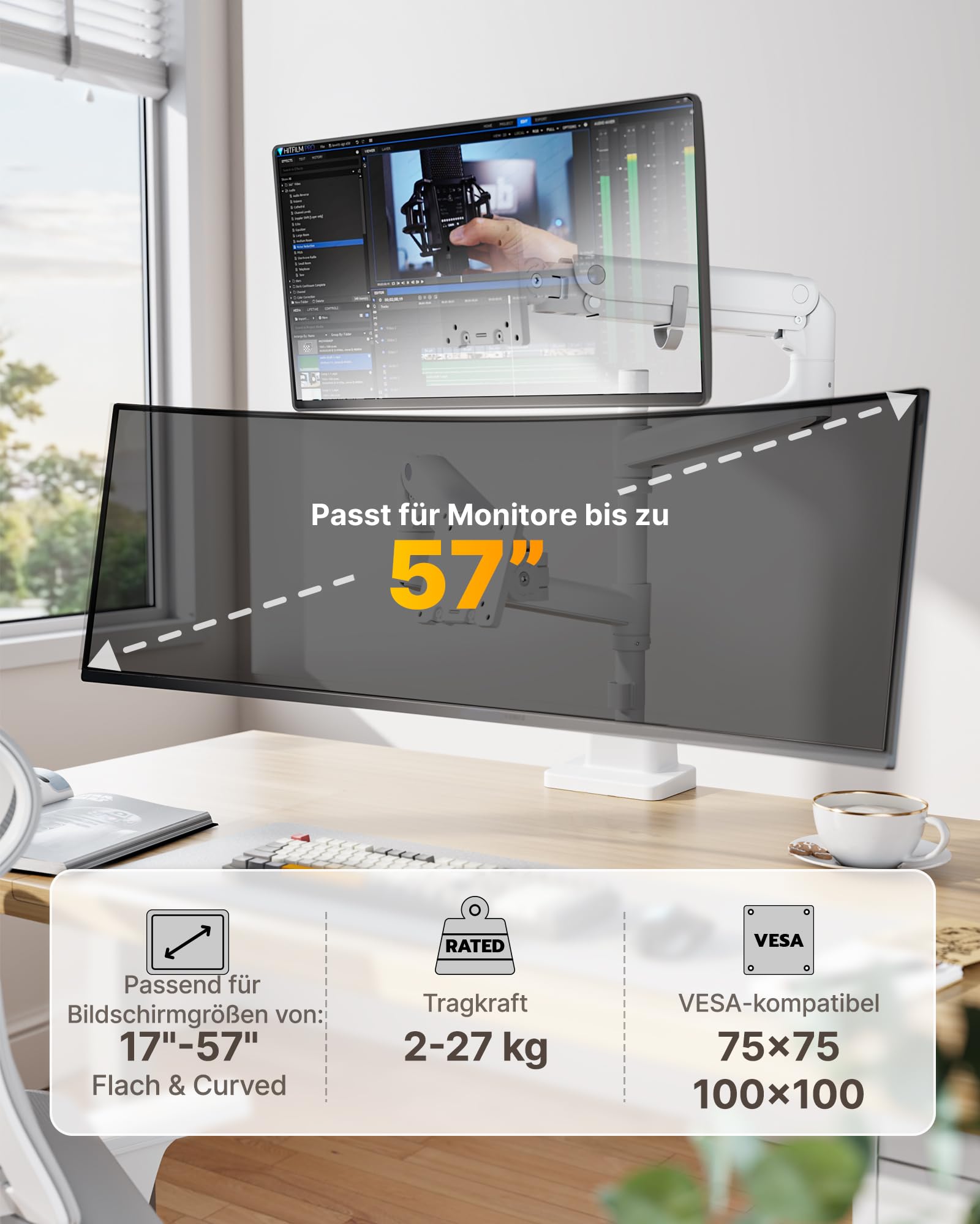 monTEK Monitor Halterung 2 Monitore für 17-57 Zoll Bildschirme bis zu 27 kg | Aluminium Schwerlast-Gasfeder, für Gebogene Bildschirme Verstellbarer Monitorständer, 75/100 mm VESA Halterung, Weiß