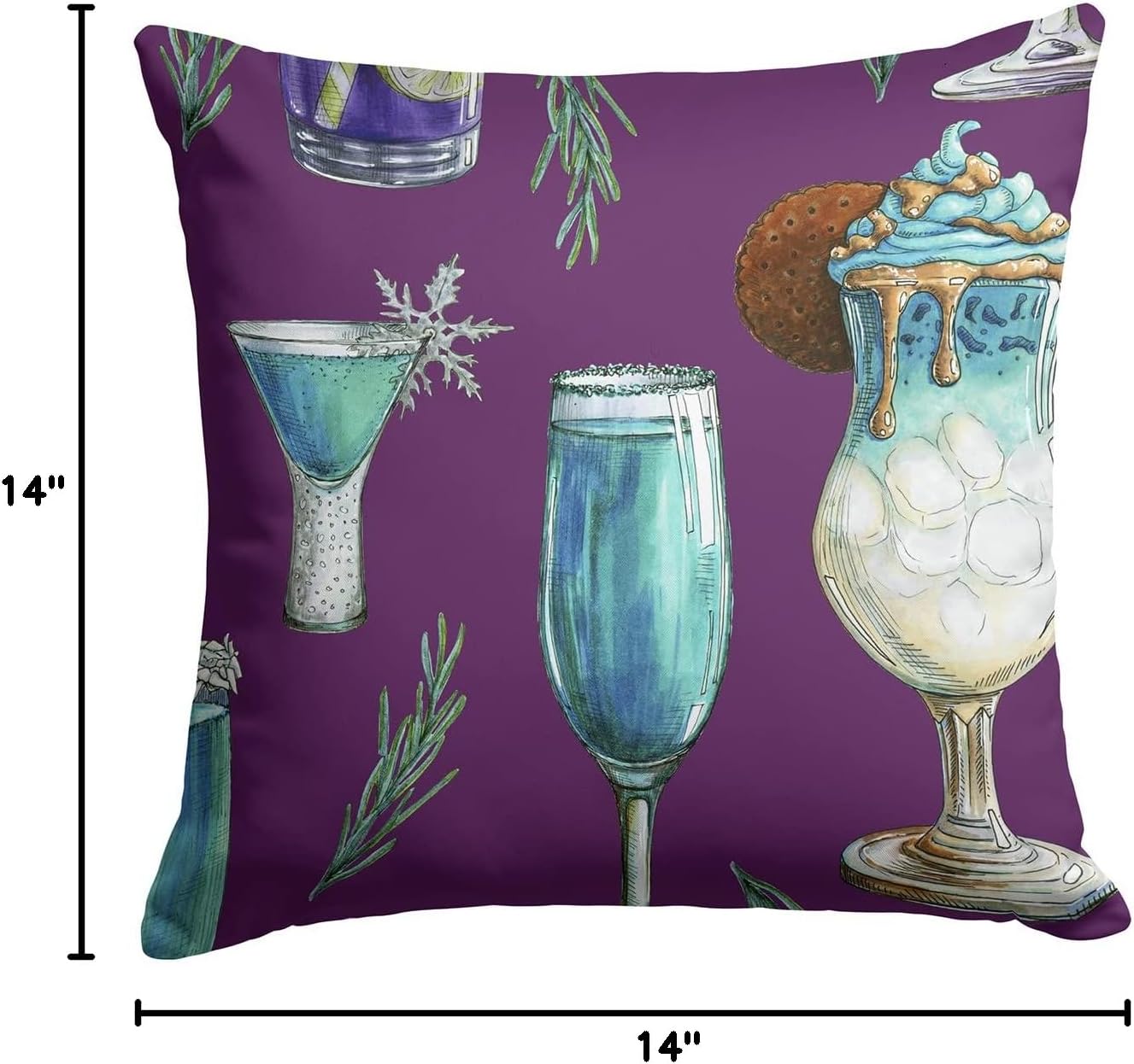 Caroline's Treasures BB5204PW1414 Drinks and Cocktails Purple Fabric Decorative Pillow Machine Washable, Indoor Outdoor Decorative Pillow for Couch, Bed or Patio, 14Hx14W