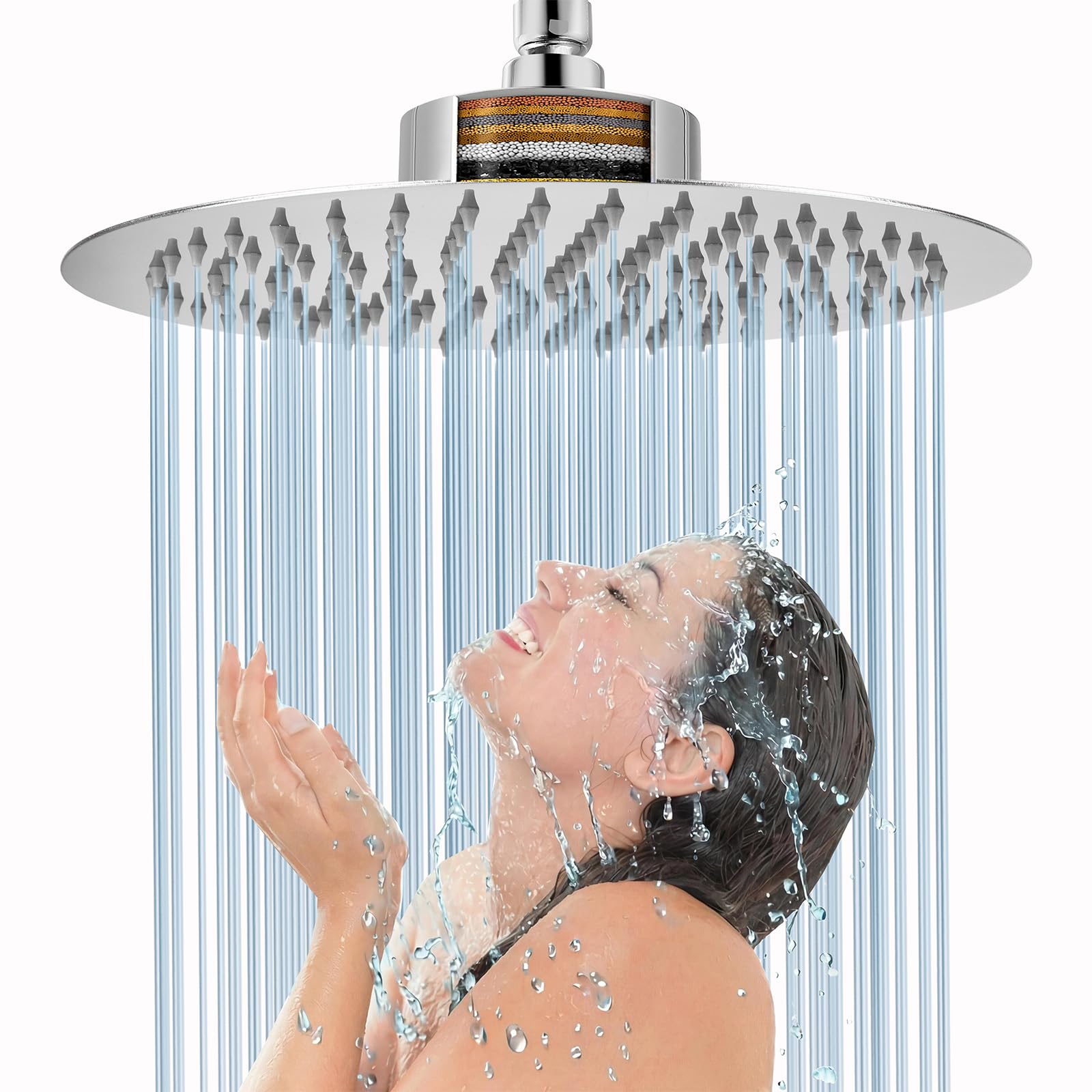 Voolan Rain Shower Head with Filter, High Flow Large Rainfall Shower Heads Made of 304 Stainless Steel, Waterfall Filtered Showerhead for Hard Water (12" Round)