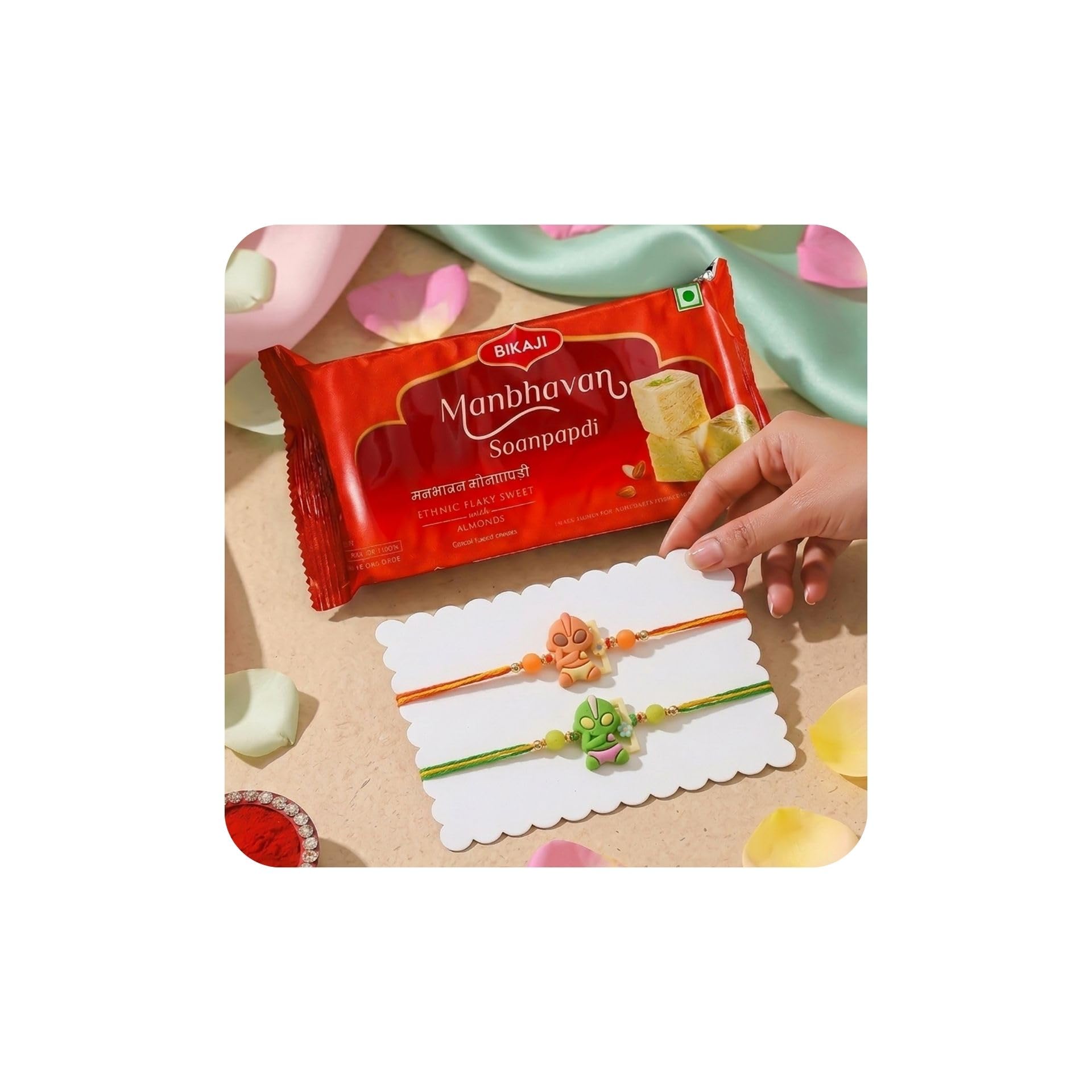 Poorak Designer For Brother Assorted, Greeting Card, Chawal Roli Pack Set (2 Rakhi, 1 Roli Chawal, 1 Greeting Envelope, 100 gm Soan Papdi) (S06_KIDS01, S06_KIDS01)-picture-32