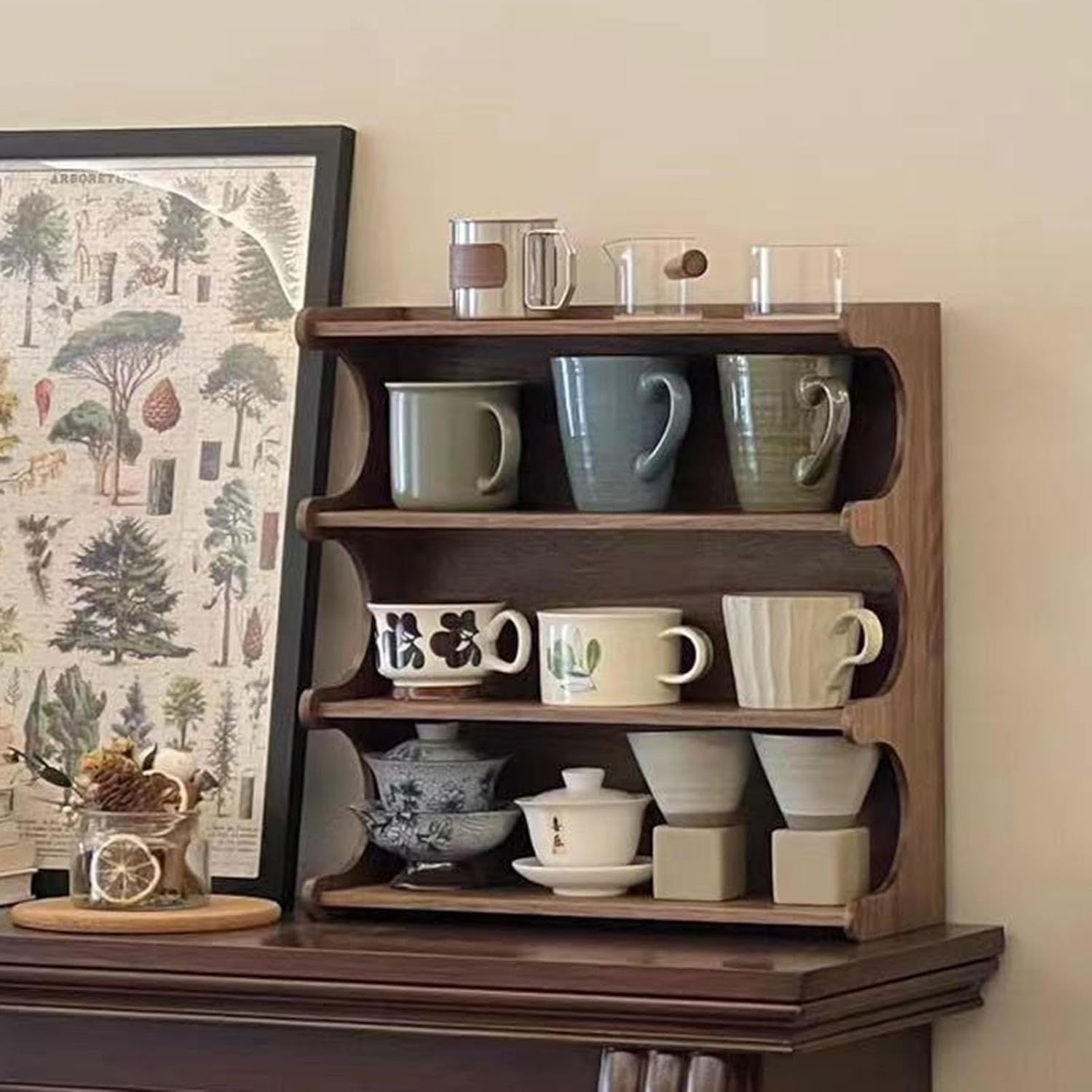 4-Tier Walnut Wood Mug Holder Countertop Cup Organizer Shelf Coffee Station Organizer for Home Kitchen Cafe All occasion