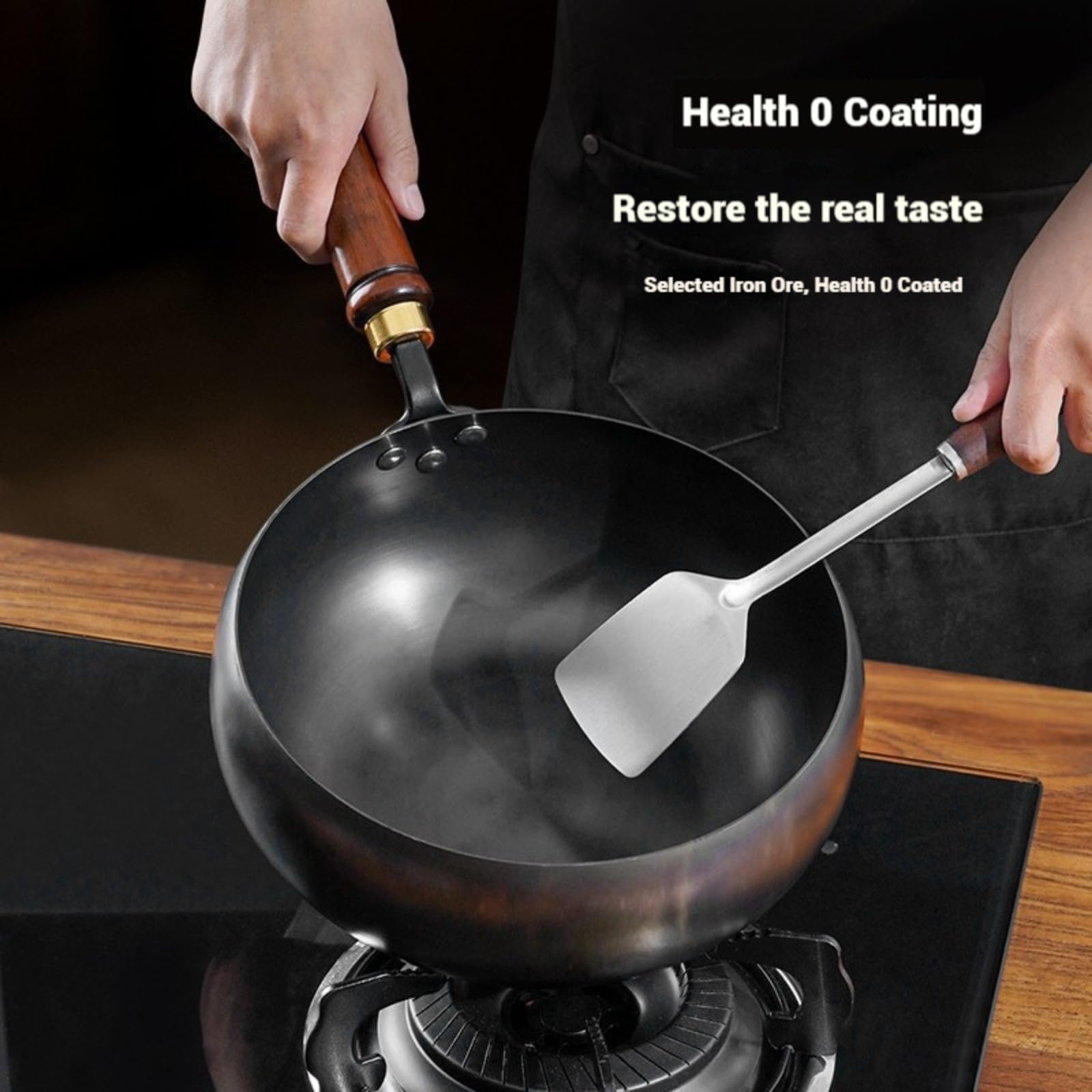 Padella In Ferro Giapponese Forgiata A Mano, Antiaderente Senza Rivestimento, Diametro 28 Cm, Con Coperchio In Legno E Spatola In Silicone
