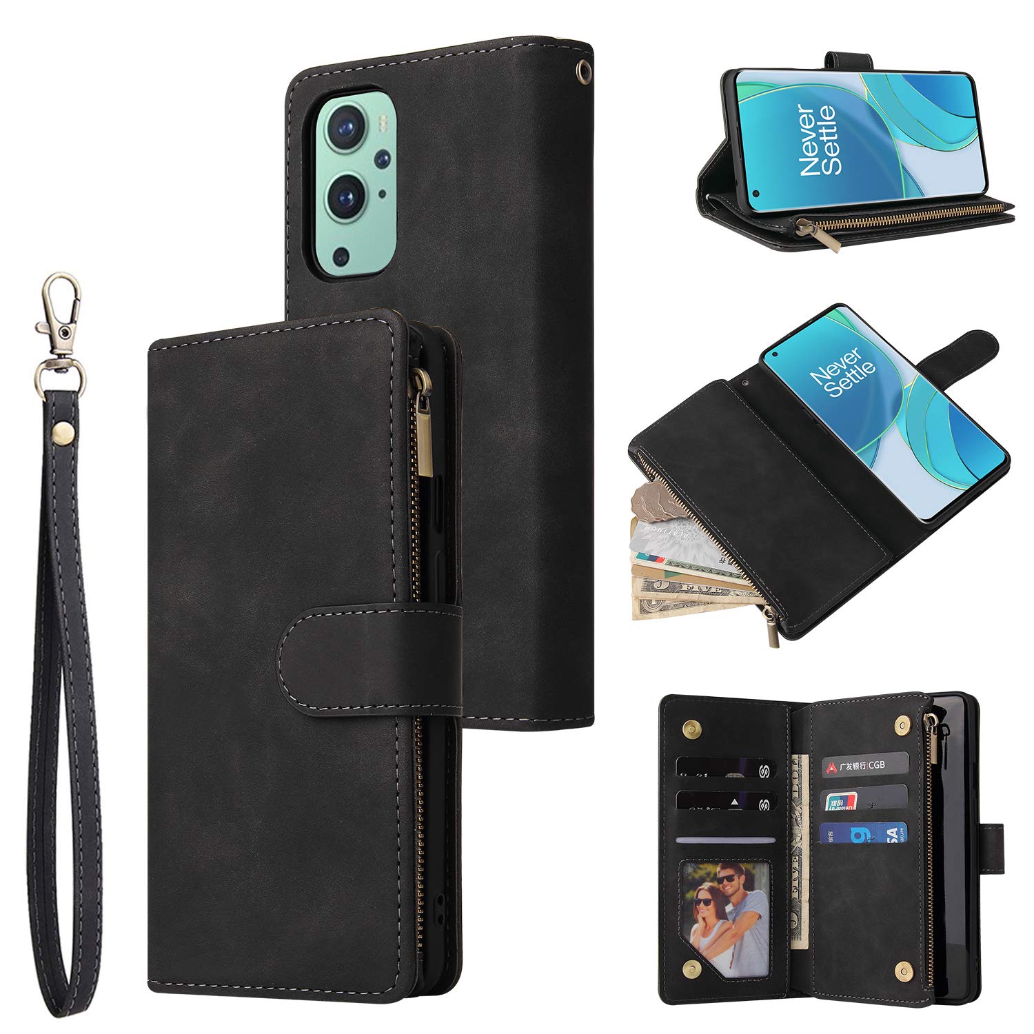 Compatible with One Plus 9 Case,Premium PU Leather Magnetic Closure Flip Fold Wallet Case Has Kickstand &Card Slots & Wrist Strap&(Black