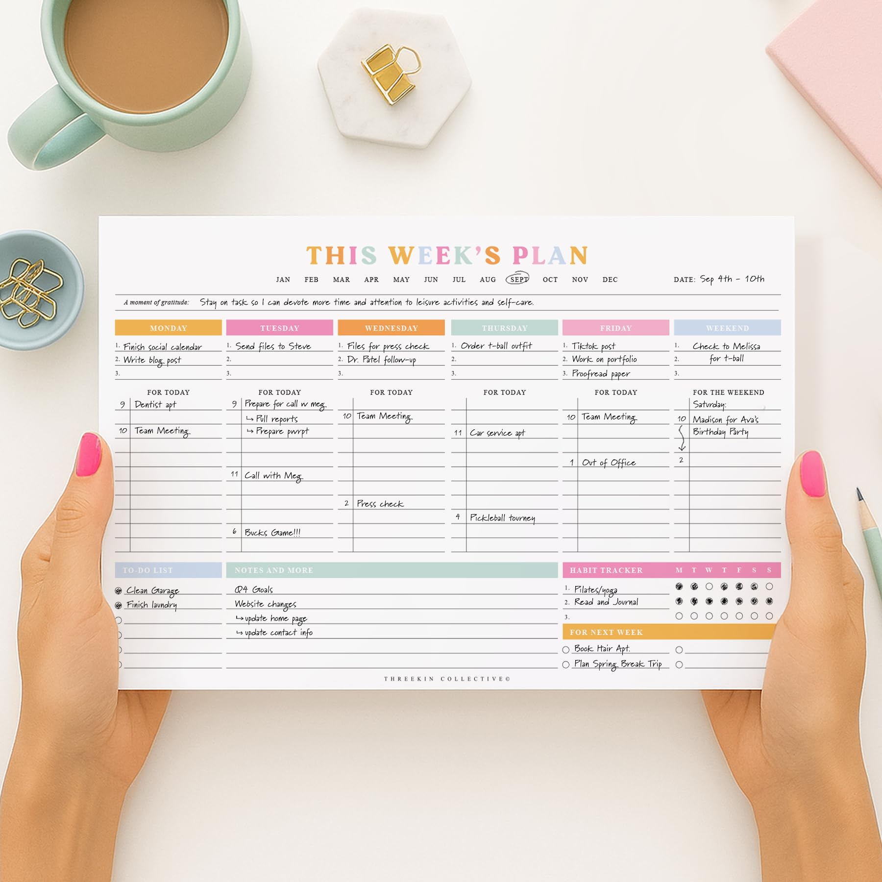 ThreeKin Weekly Planner - Premium 52-Sheet Tear-Off Notepad, 6 x 9 inches, Clean Colorful Design, Perfect for Work, School, Projects, and