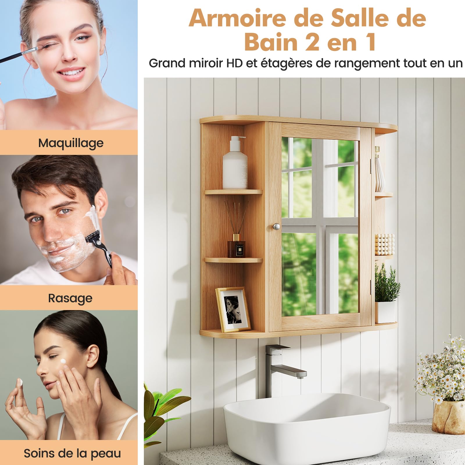 COSTWAY Armoire Murale de Salle de Bains avec Miroir avec Etagères Réglables et Compartiments Ouverts Armoire à Pharmacie pour Toilette (Naturel) (Naturel)