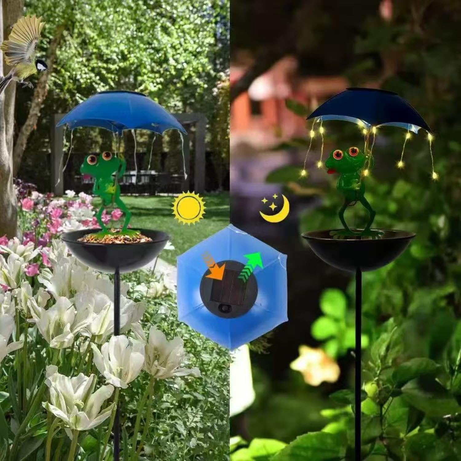 Mangiatoia per uccelli a energia solare con luci a LED, statua decorativa da giardino per esterni, mangiatoia per uccelli selvatici da appendere, in metallo, per cortile, prato, patio, impermeabile
