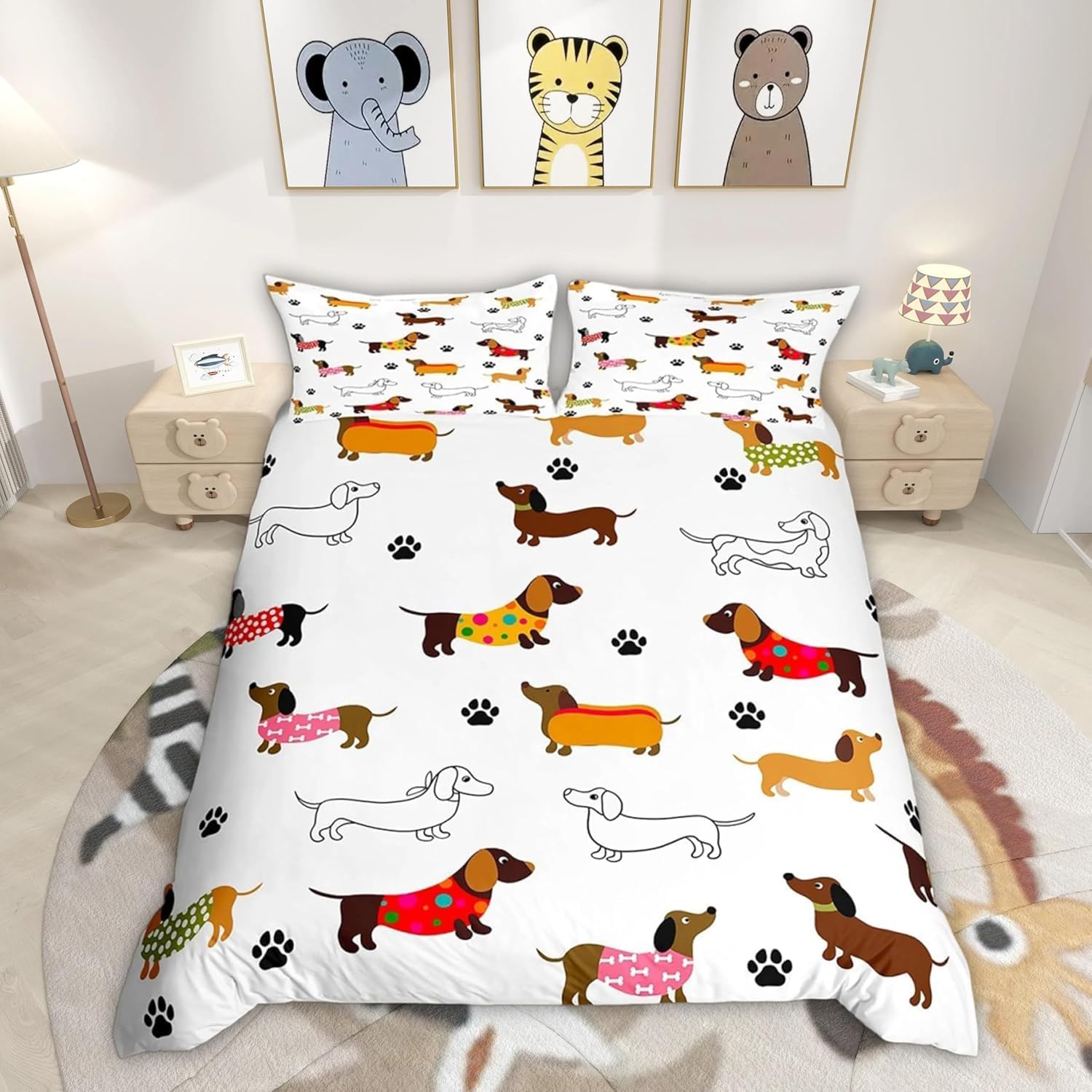 Loussiesd Cute Sausage dog Duvet Cover Set Cot Size For Kids Boys Girls Teens Dachshund Puppy Dog Bedding Set Cartoon Animals Comforter Cover with 1 Pillowcase Weiner Dog Paw Print Beds Set — image 1