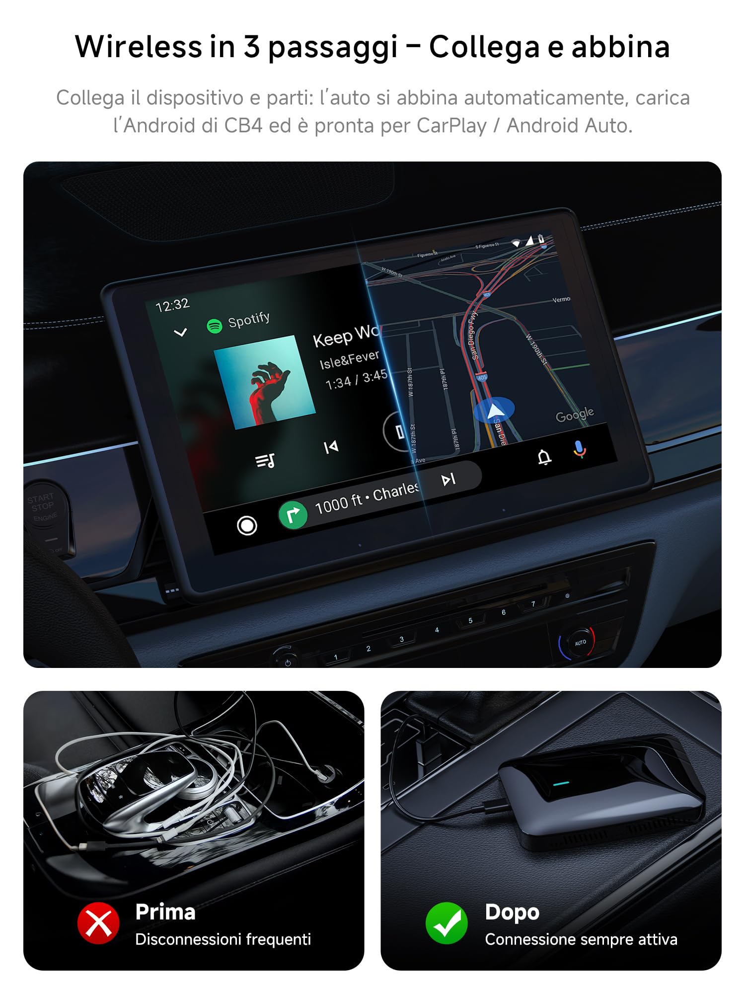 Adattatore CarPlay Wireless Android Auto, AI Box Video 3 in 1 per Cavo OEM CP/AA, Doppio WiFi e Hub Bluetooth IoT, per Netflix/YouTube/TikTok/TF Scheda, DriveChat AI Voice, CB4B