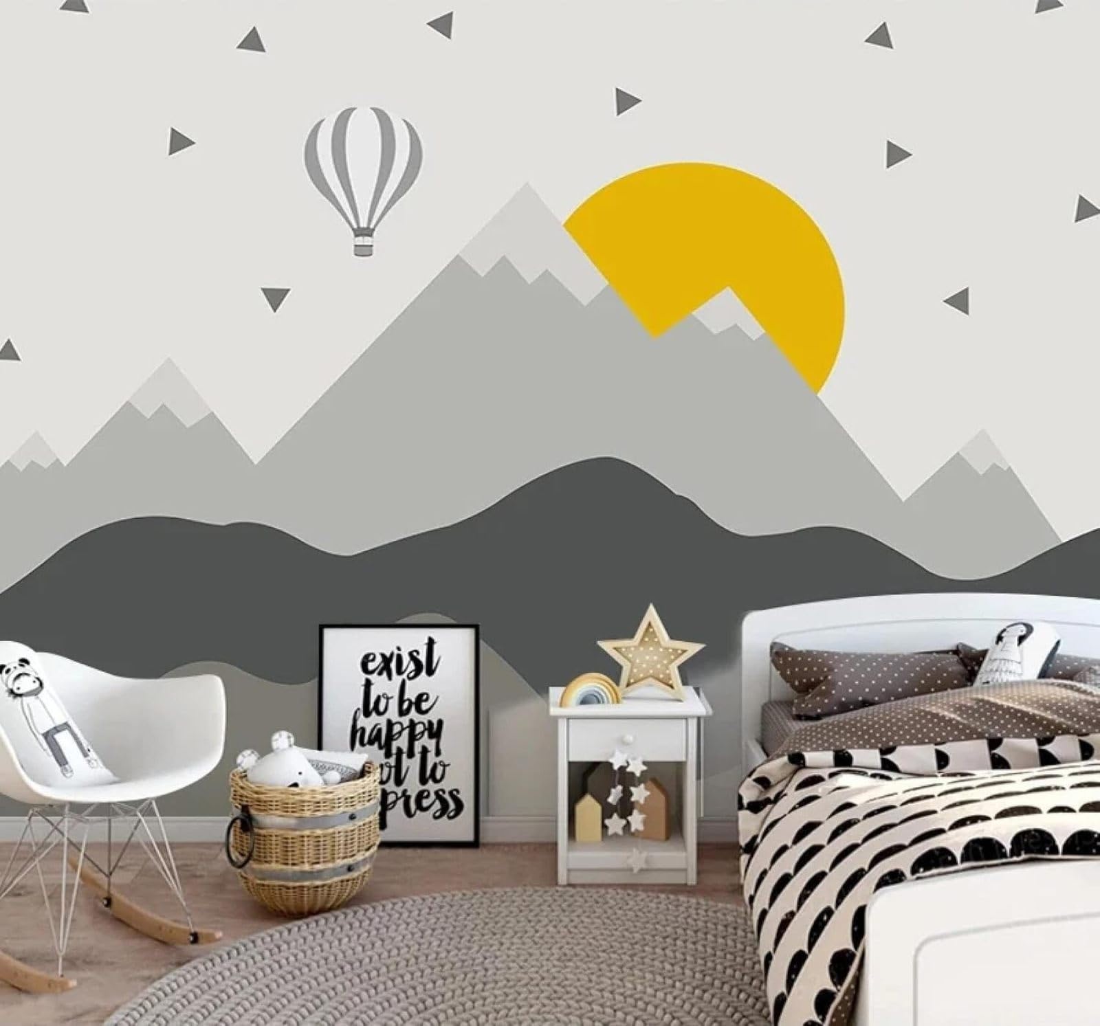 XLMING Cartoon Geometric Mountain Peaks Hot Air Balloon Sunrise 3D Wallpaper Premium Textured Silk Study Dining Living Room Bedroom Sofa TV Wall Easy Install-300cm×210cm