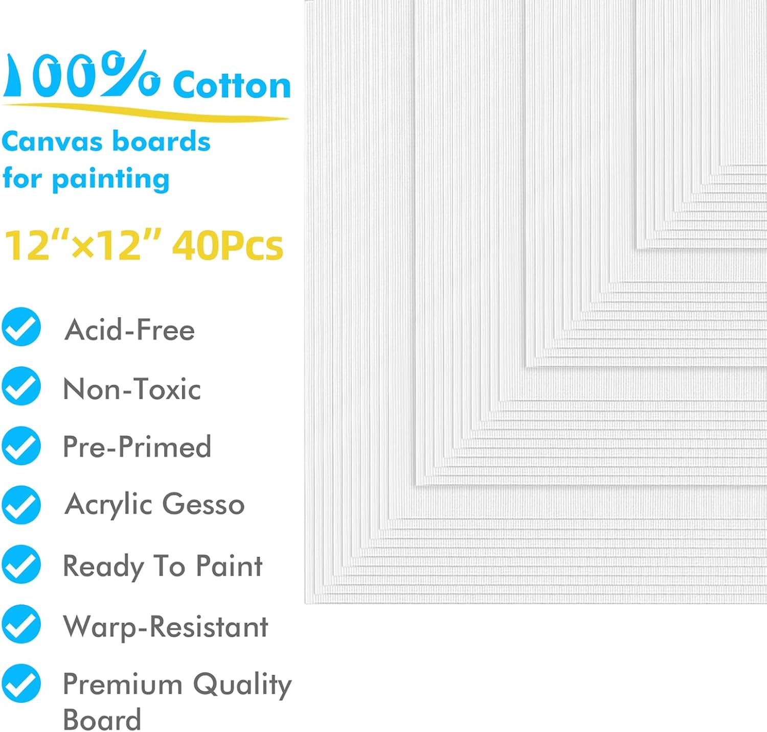 Gotideal Canvas Boards for Painting, 40pcs 12x12 Primed Canvas for Painting, Bulk Painting Canvas for Kids and Adults, White Blank Canvas Panels for Acrylic, Oil, Pour Art Supplies - Image 2