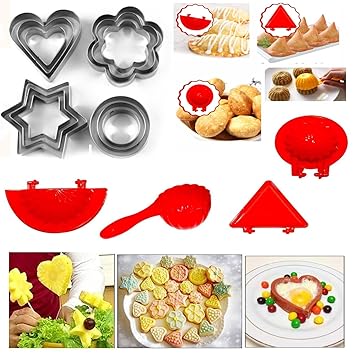 4 Piece Plastic Mould (samosa, ghughra, momos, ladu) 12 Pieces Cookie Cutter Stainless Steel Cookie Cutter with Different Shape with Dough Press Kitchen Baking Set, Non-Stick Bakeware