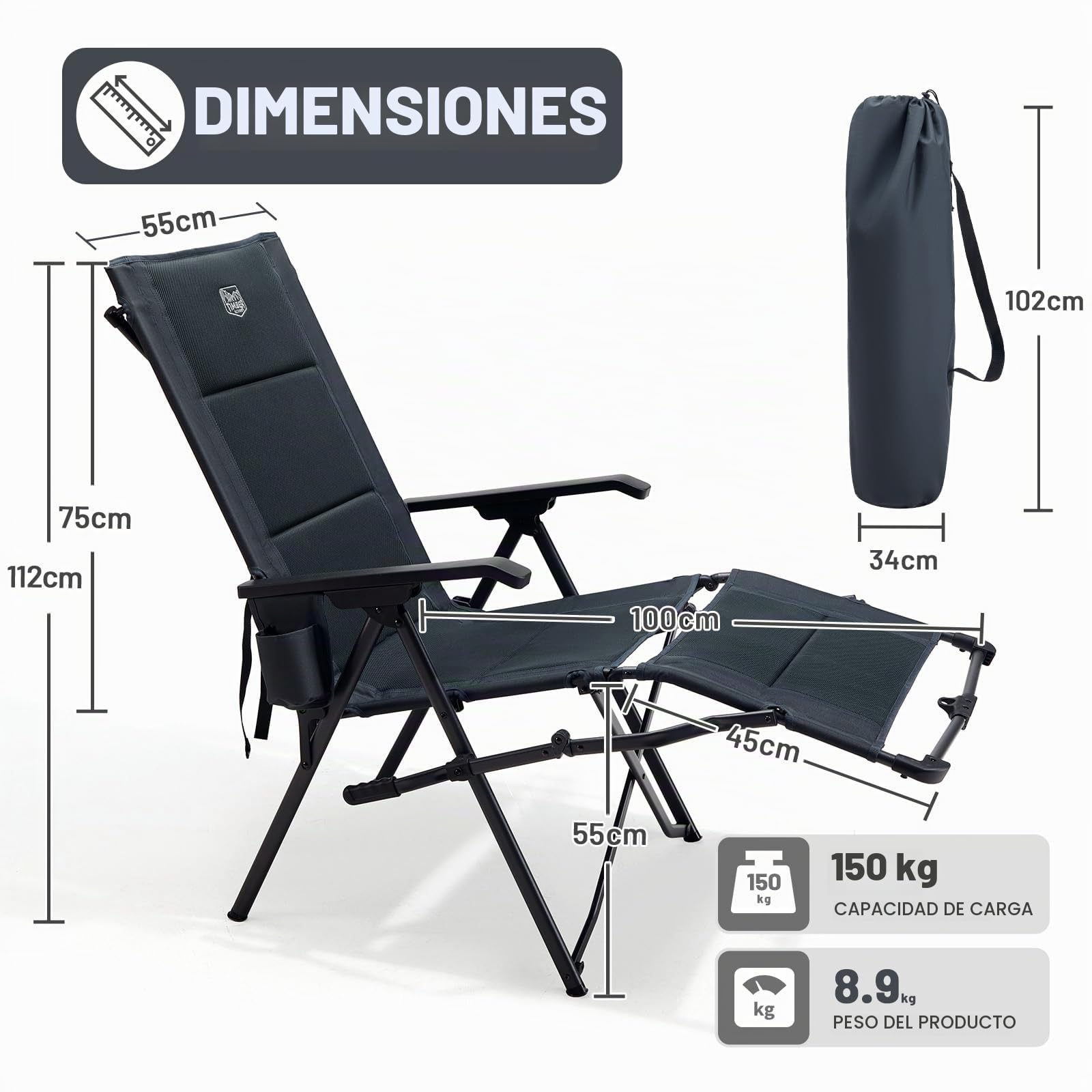 TIMBER RIDGE Silla de camping plegable en 4 posiciones, respaldo ajustable con reposapiés, asiento acolchado plegable, 150 kg, tumbona de jardín para camping, jardín, balcón, autocaravana