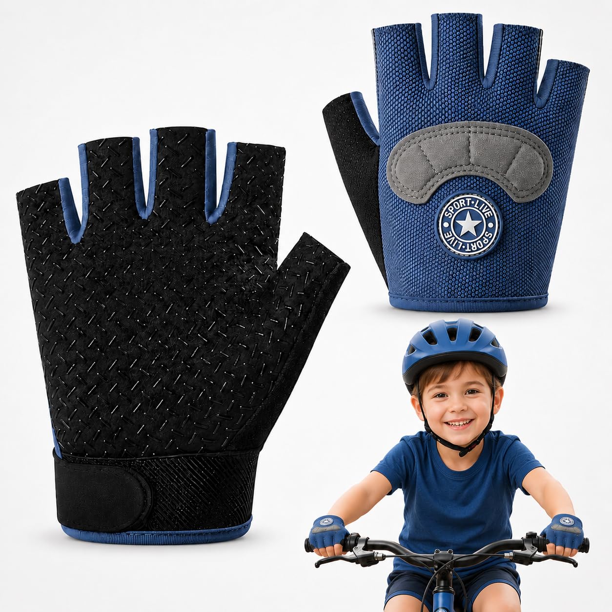 BendJoy Cycling Gloves for Kids, Half Finger Bike Gloves for 3-8 Years, Hand-Protecting Breathable Non-Slip Adjustable Riding Gloves, Gloves for Kids for Cycling and Outdoor Sports, Size M, Gray-Blue-image-0