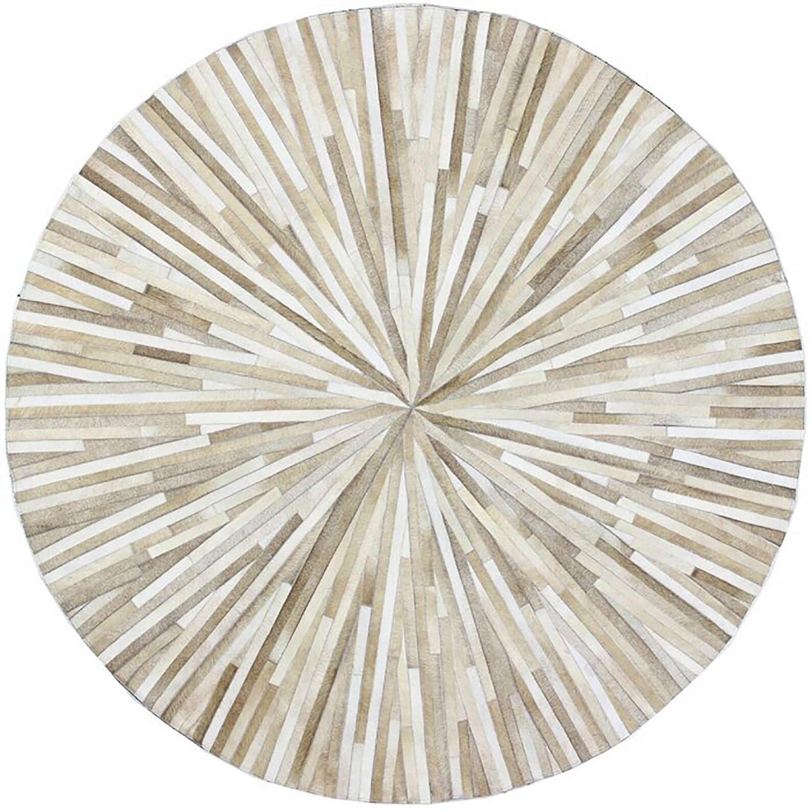 ECLATIQUE RUG Striped Round Rug | Cowhide Leather Round Area Rug | Modern Round Area Rug| Real Hair-on-Leather Round Rug | (Beige_3x3)