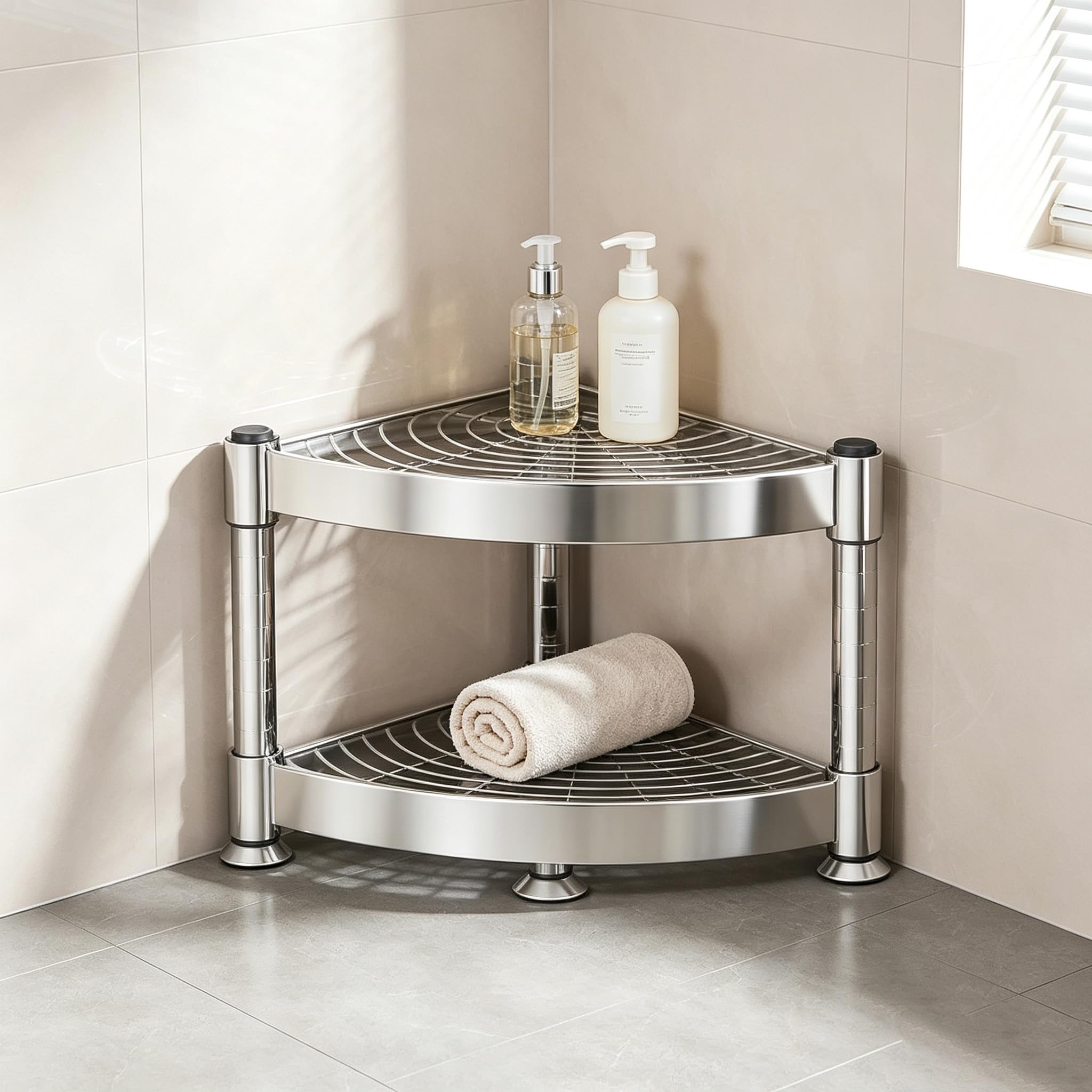 Mensola Doccia Angolare In Acciaio Inox, Porta Shampoo Doccia Senza Forare | Portaoggetti Doccia Da Terra Con Piedini Regolabili, Triangolo Organizer Bagno, Per Shampoo, Bagnoschiuma, Contenere Sapone