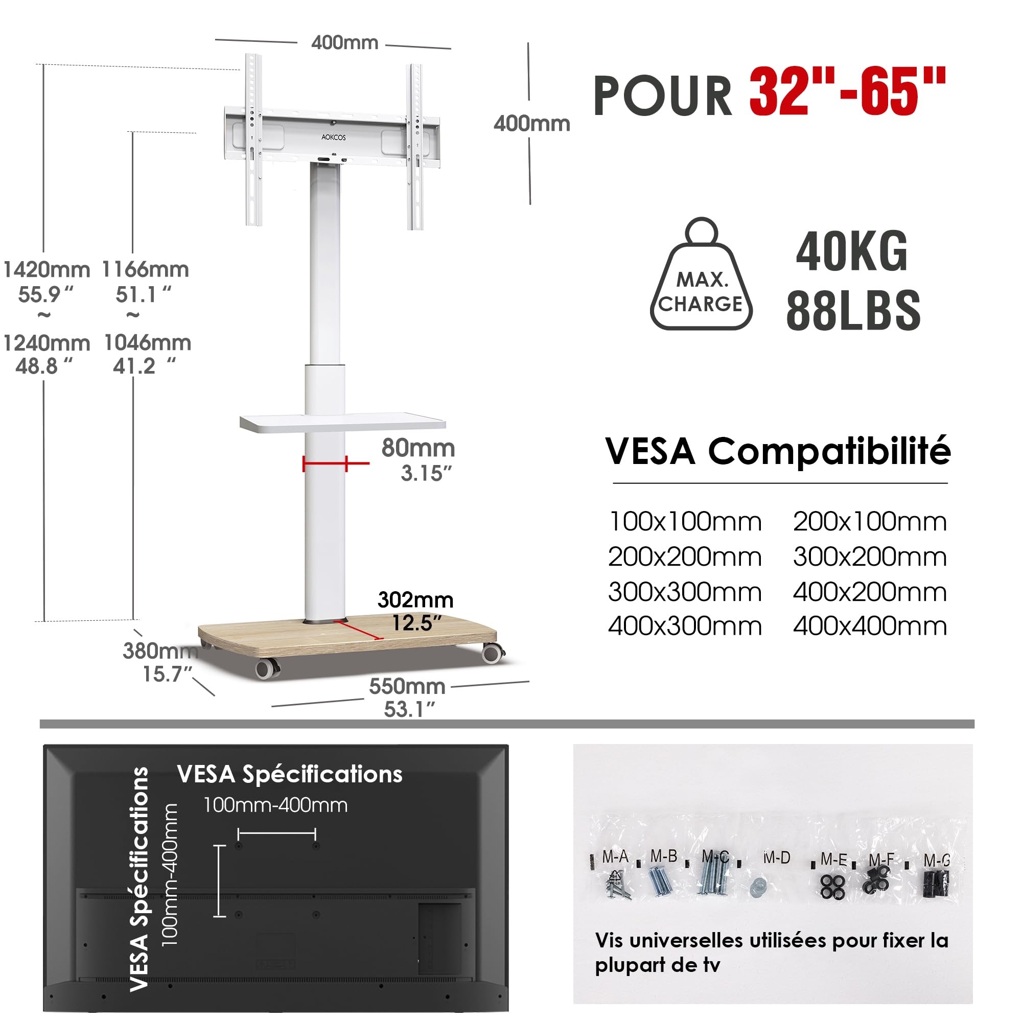 AOKCOS Support TV roulettes pour TV de 32-65 Pouces - Support TV sur Pied Plus Haut 1240 MM-1420 MM Pivotant 60° Inclinaison 12° jusqu'à 40 KG Max. VESA 400x400mm