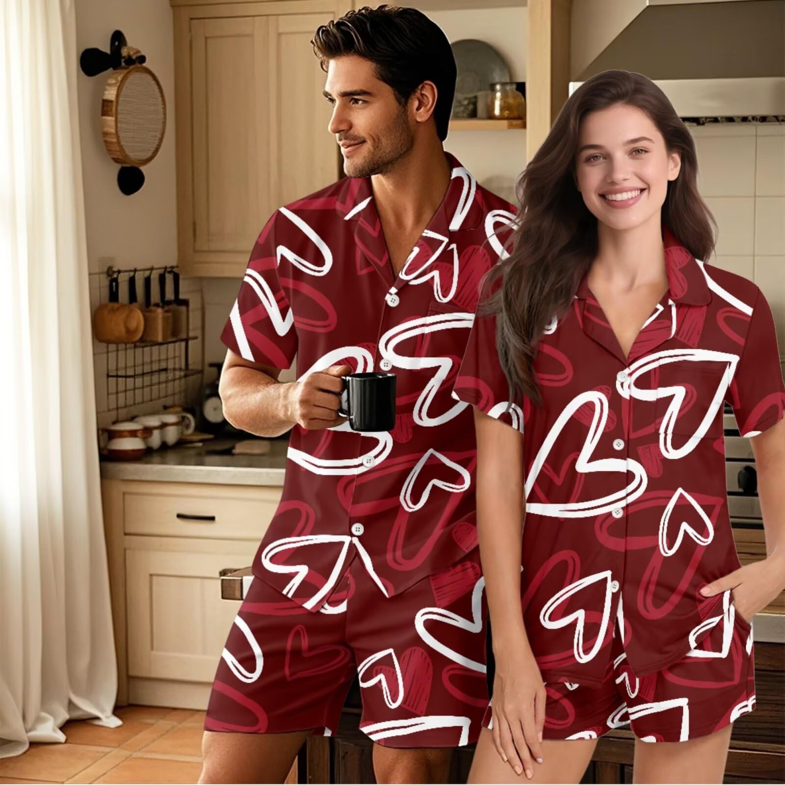 Conjunto de pijama de manga corta con botones a juego para parejas, para mujeres y hombres