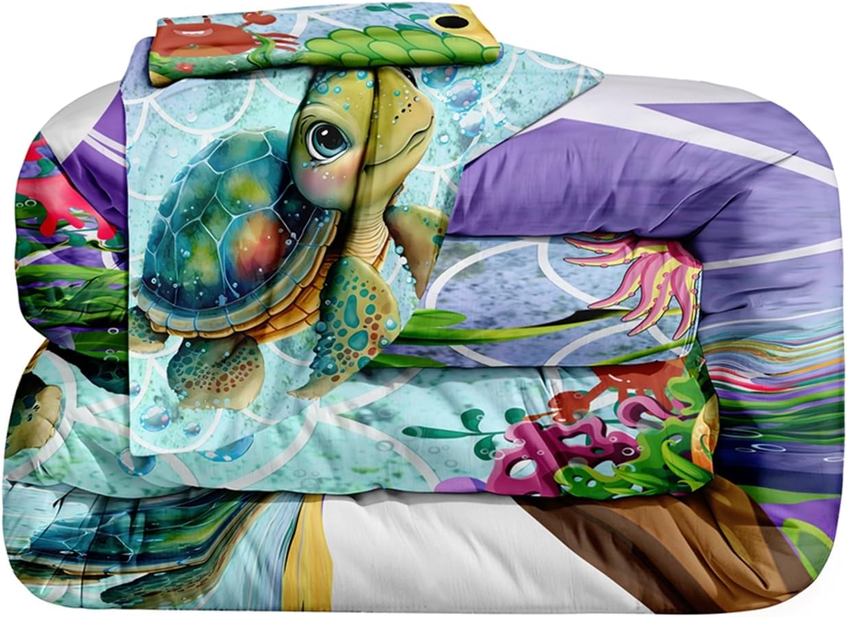ROWADALO 5 Pieces Sea Turtle Bed in a Bag Twin Size Ocean Theme Comforter Set Ocean Theme Bedding Watercolor Fish Coral Sea Animal Bed Set for Girls Kids Bedroom Decoration,DJT-Sea Turtle-502-Twin