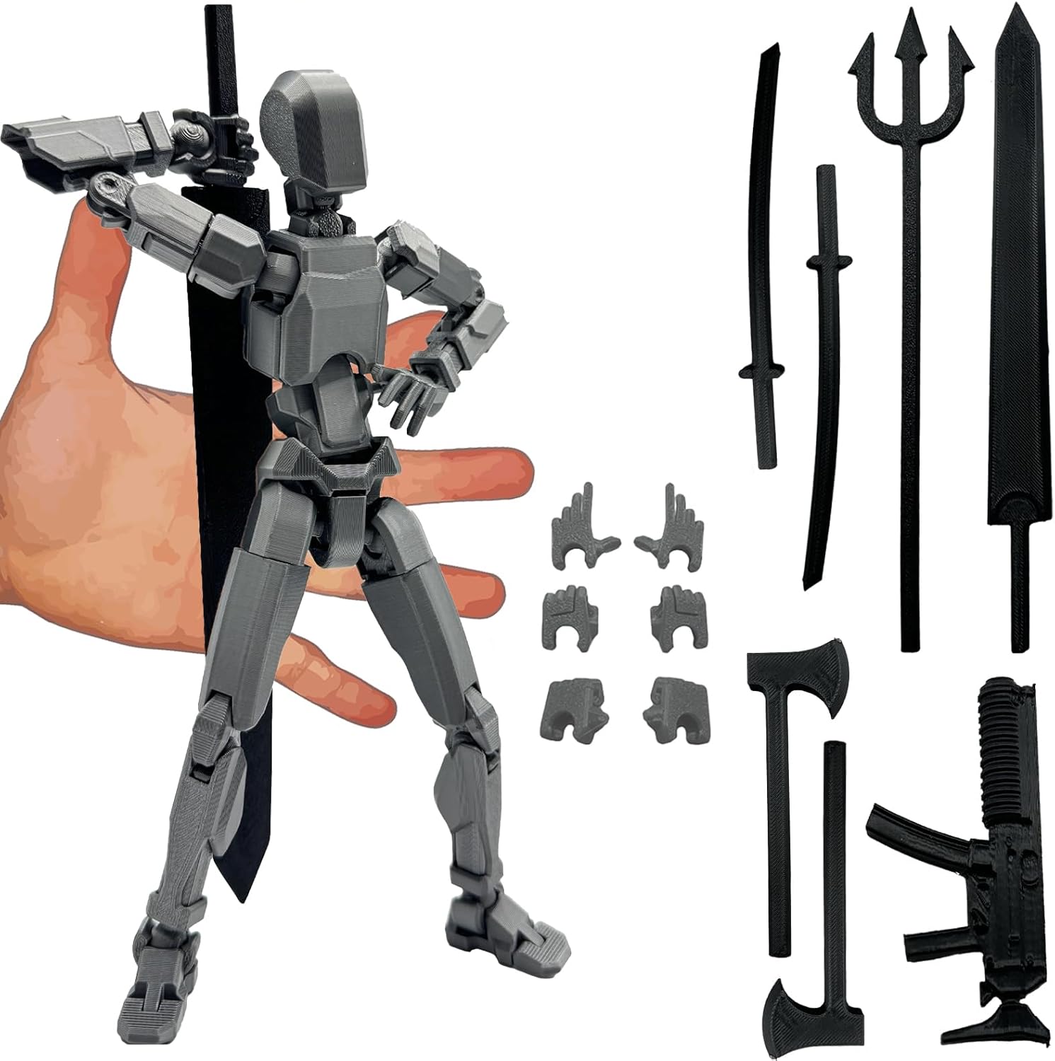 3D Printed Enlarge Body Size 8.1-inch Action Figure Dummy20, Full Body Mechanical Movable Toy, Multiple Accessories, Desk Decoration (Bracket, 3 HandsType, Weapons, Armour) (Brilliant Silver)