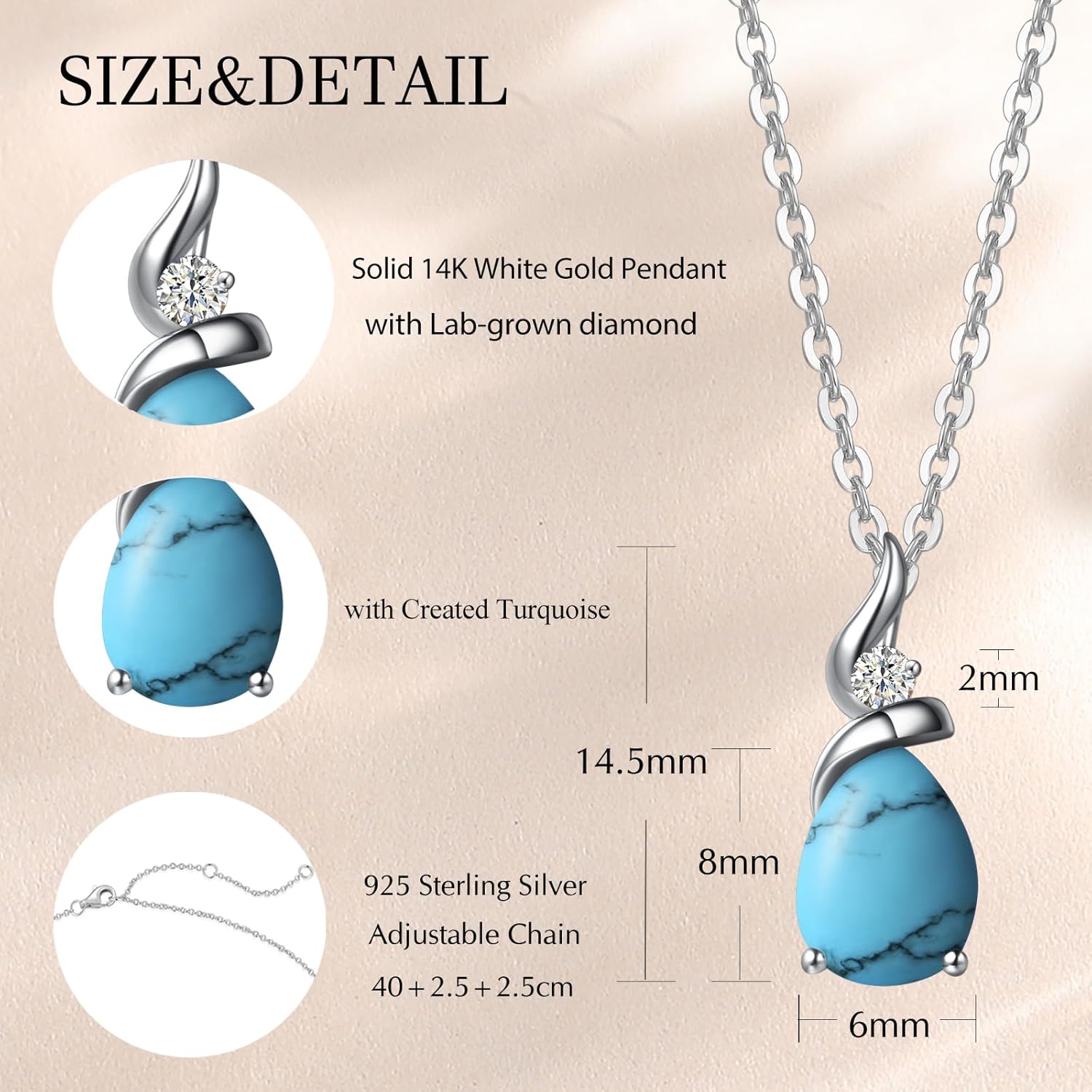 FANCIME 14K Solid White Gold Birthstone Pendant Necklace for Women with Diamond Pear Shaped Teardrop Necklace Birthday Gifts for Mom Women Sterling Silver Chain 16" + 2" Extender - Image 2