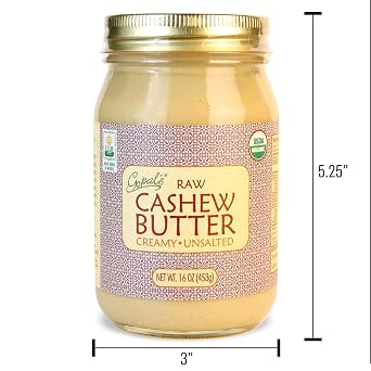 Gopal's Organic RAW Cashew Butter, USDA Organic and Gluten-Free, Creamy and Unsalted, 16 Ounce (456 Grams) Glass Jar