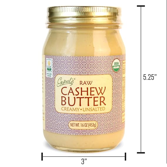 Gopal's Organic RAW Cashew Butter, USDA Organic and Gluten-Free, Creamy and Unsalted, 16 Ounce (456 Grams) Glass Jar