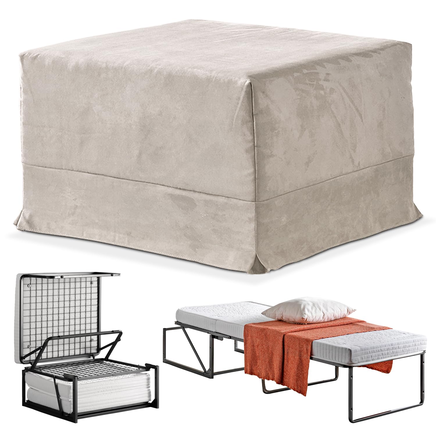 EVERGREENWEB - Pouf Letto Singolo con Materasso in Water Foam Alto 10 cm Salvaspazio Pieghevole per Camera, Cameretta o Soggiorno, Pouf poggiapiedi, Ottomano, Tessuto Sfoderabile e Lavabile Tortora