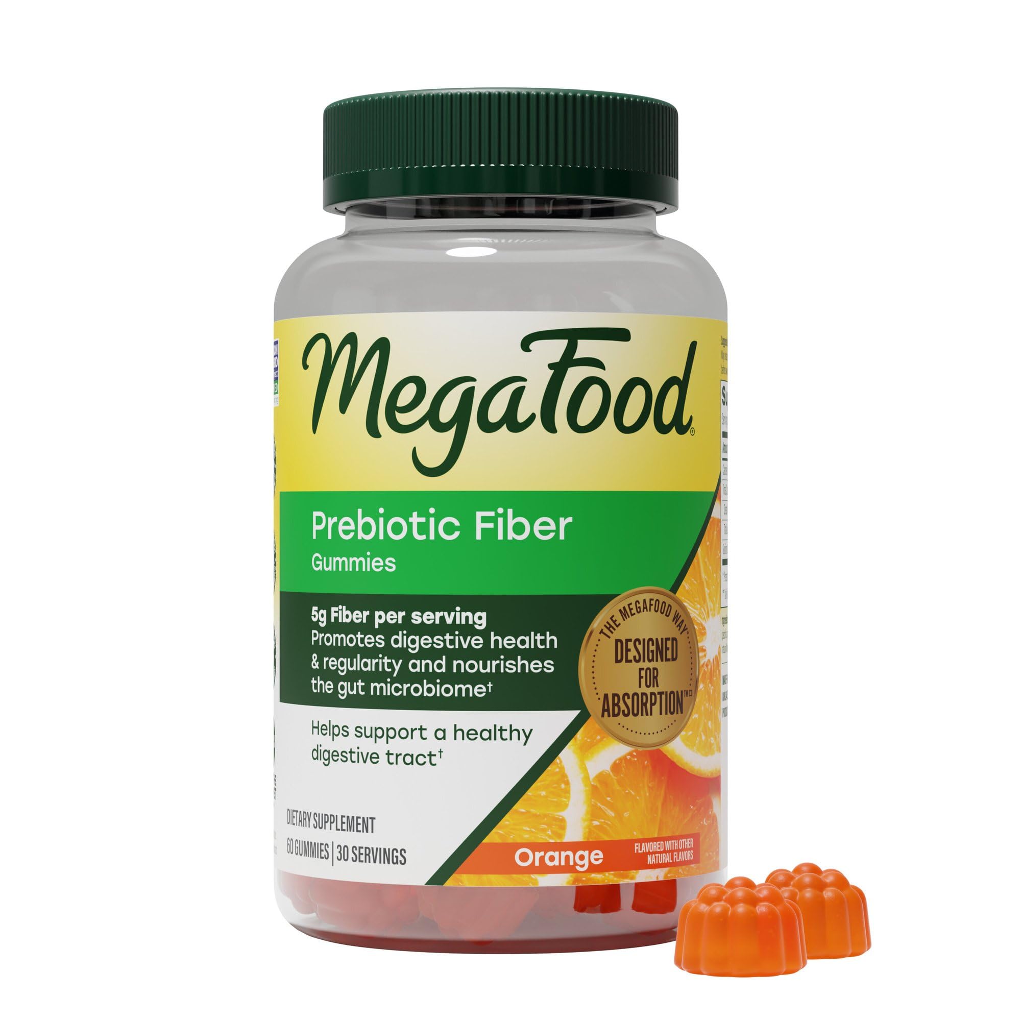 MegaFood Prebiotic Fiber Gummies, 5g Fiber per Serving, Orange, 60 Gummies