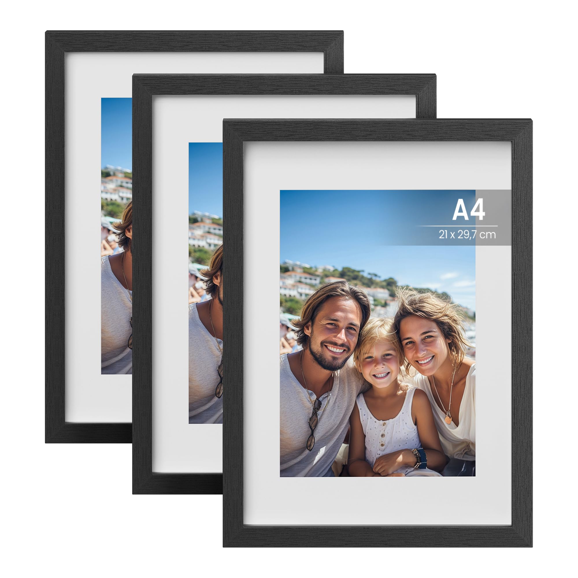 SONGMICS Bilderrahmen A4, 21 x 29,7 cm, Fotocollage, Kunstrahmen, MDF-Rahmen, spurlose Wandhaken, 3er Set, aufhängen, aufstellen, schwarz RPF056BZ01