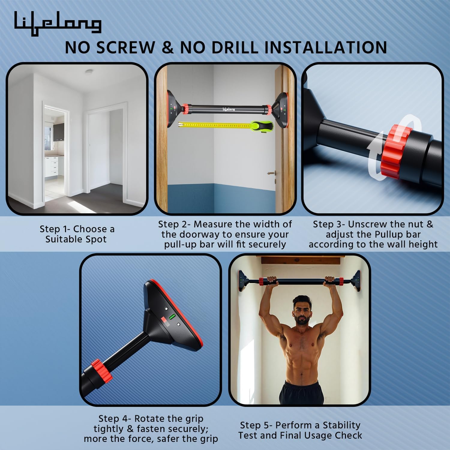 Lifelong - Pull Up Bar for Home Adjustable Bar Wall Mounted Screwless Pull Up Bar Door Pull Up Bar Height Increase Exercise Equipment for Home Gym