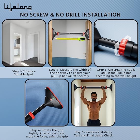 Lifelong - Pull Up Bar for Home Adjustable Bar Wall Mounted Screwless Pull Up Bar Door Pull Up Bar Height Increase Exercise Equipment for Home Gym