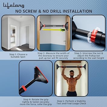 Lifelong - Pull Up Bar for Home Adjustable Bar Wall Mounted Screwless Pull Up Bar Door Pull Up Bar Height Increase Exercise Equipment for Home Gym