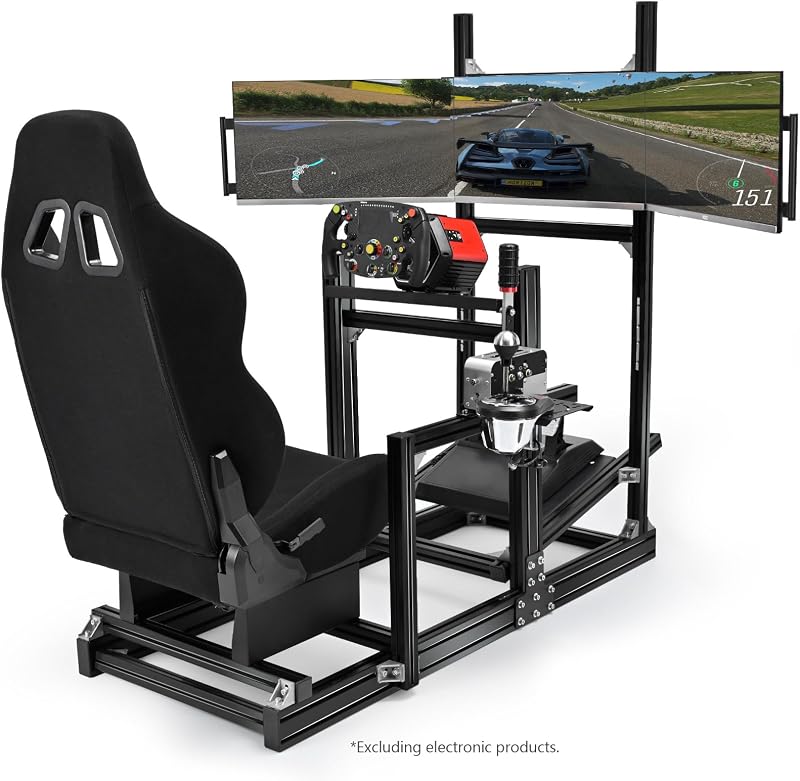 Anman 8040 Aluminum Profile Cockpit with Triple Monitor Mount Black Seat | Simulator Cockpit Fit for Logitech, for Thrustmaster, for Fanatec Direct Drive Steering Wheel,Multi Adjustable Universal