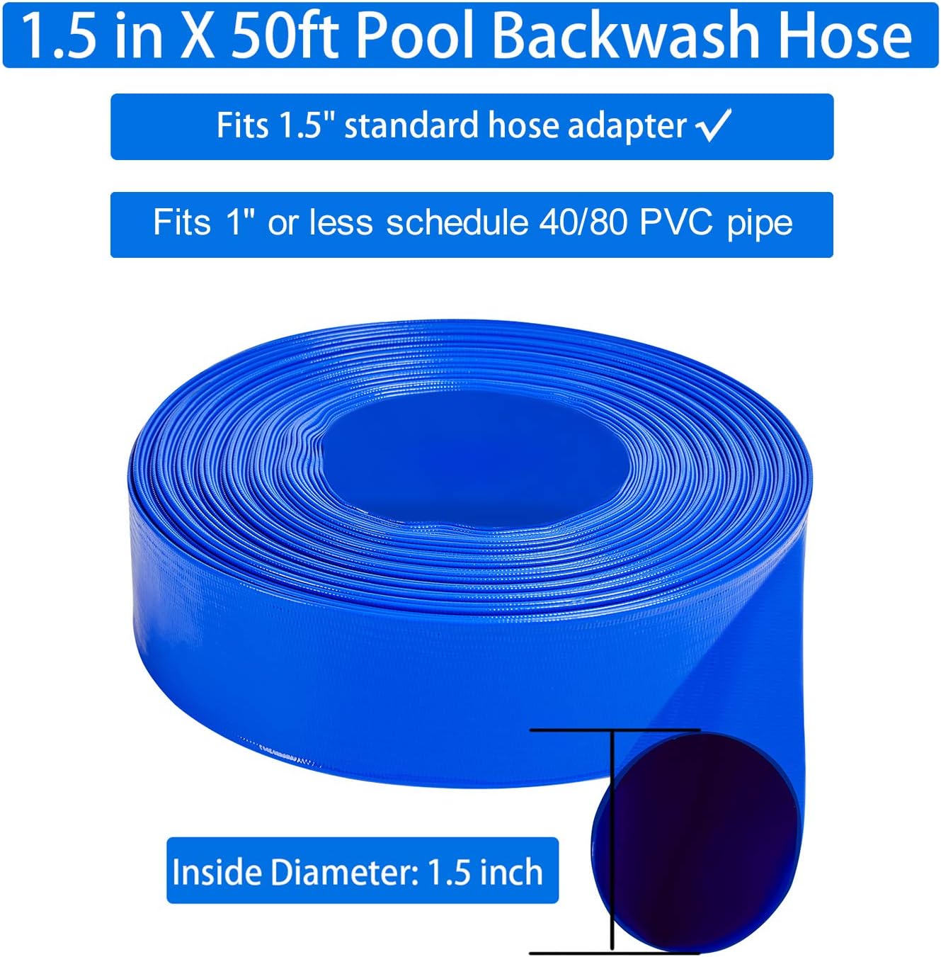 LEBLEBALL 1.5''x50FT Blue Backwash Hose, Heavy Duty Discharge Hose Reinforced PVC Pool Drain Hose Weather and Chemical Resistant, Ideal for Swimming Pools and Water Transfer : Patio, Lawn & Garden
