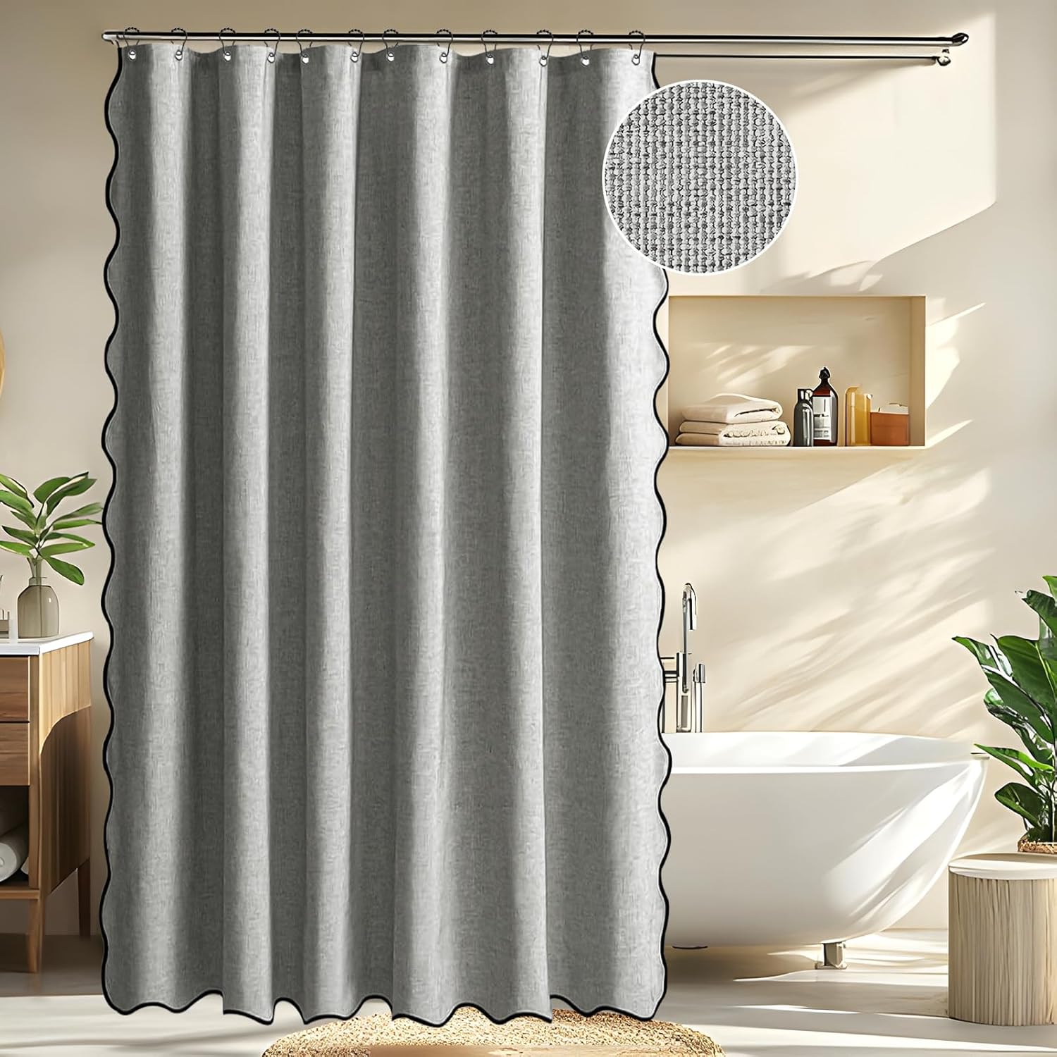 Seorsok Scalloped Design&Black Border Shower Curtain,Linen Textured Shower Curtain with 12 Metal Hooks,Fabric Neutral Thick Cloth,Machine Washable Waterproof Bathroom Decor W72*L72,Grey