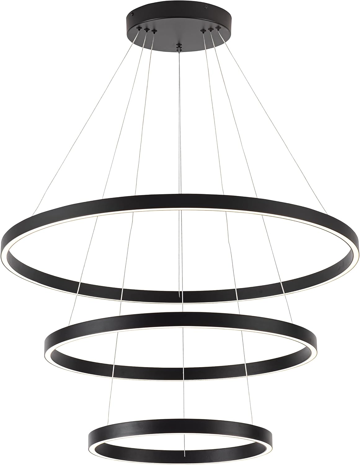 Elegant 3-Rings Black Modern LED Chandelier – Fully Dimmable High Ceiling Pendant Light for Dining Room, Living Room, Foyer & Staircase (Warm White 3000K, Adjustable Size 15.7"-31.4")
