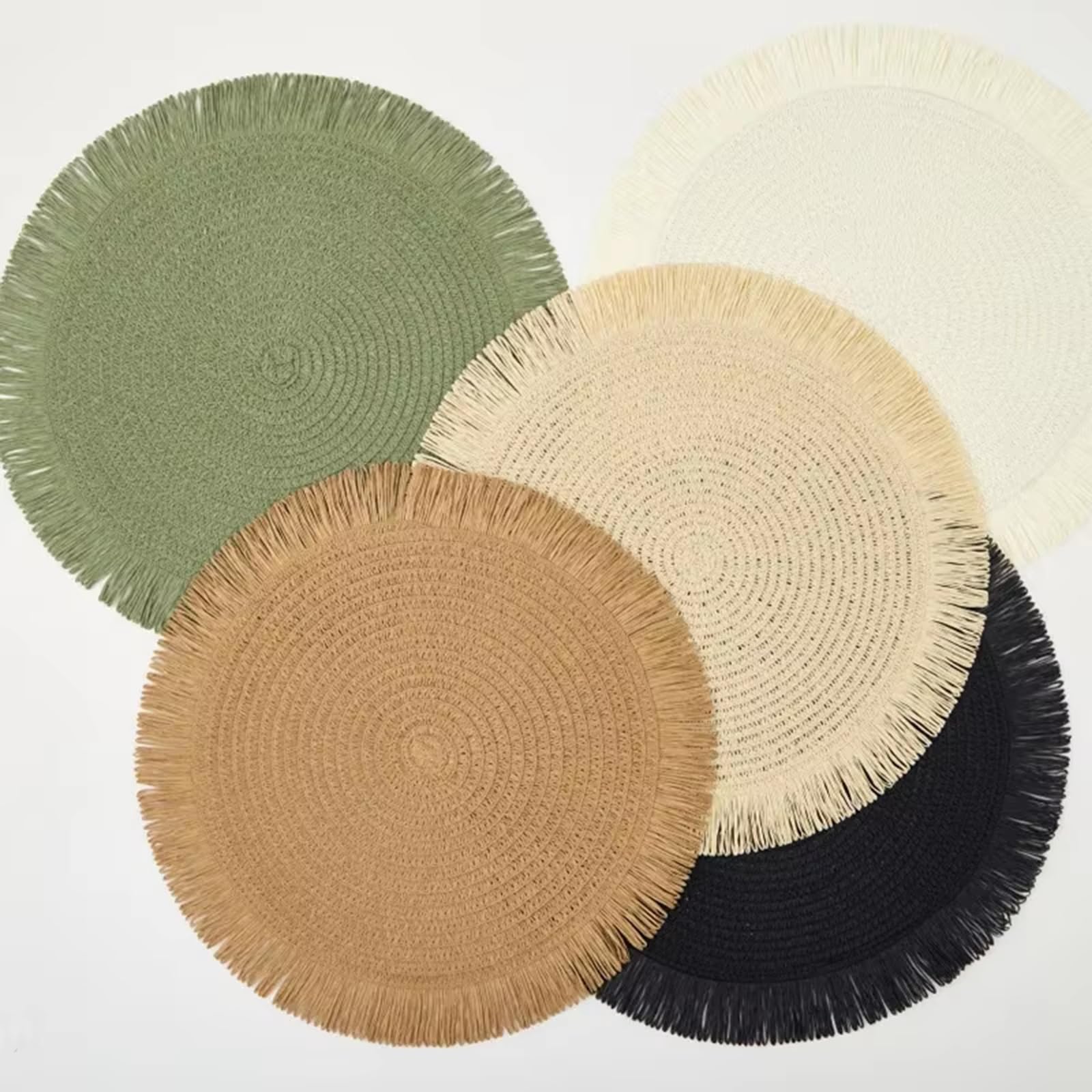 Manteles individuales redondos trenzados, hechos a mano, con flecos, resistentes al calor y fáciles de limpiar, manteles individuales de estilo granja para cocina, mesa de comedor y hogar (negro, 8