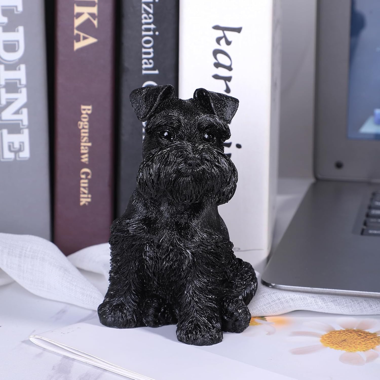 mookaitedecor Resin Obsidian Schnauzer Puppy Statue Sitting Figurine, Hand Carved Crystal Animal Dog Sculpture Collection for Garden Lawn Home Decor