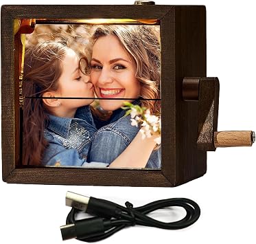 Photo Flip Box Custom Flip Book Frame Hand Crank Photo Album Personalized Lighted Photo Album Wooden Flip Book Memory Box Christmas Gifts for Mom Dad Couple Family Valentine Birthday Black Walnut